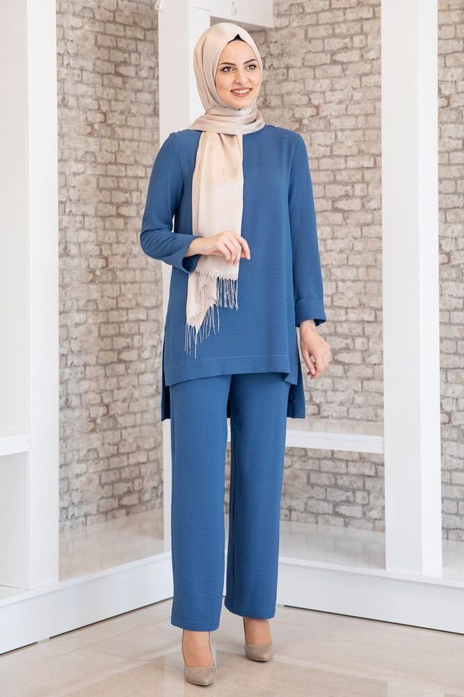 Modavitrini Longtunika Damen Tunika Anzug mit Hose Zweiteiler Hijab Mode Modest Fashion (Tunika mit Hose) Indigo-Blau