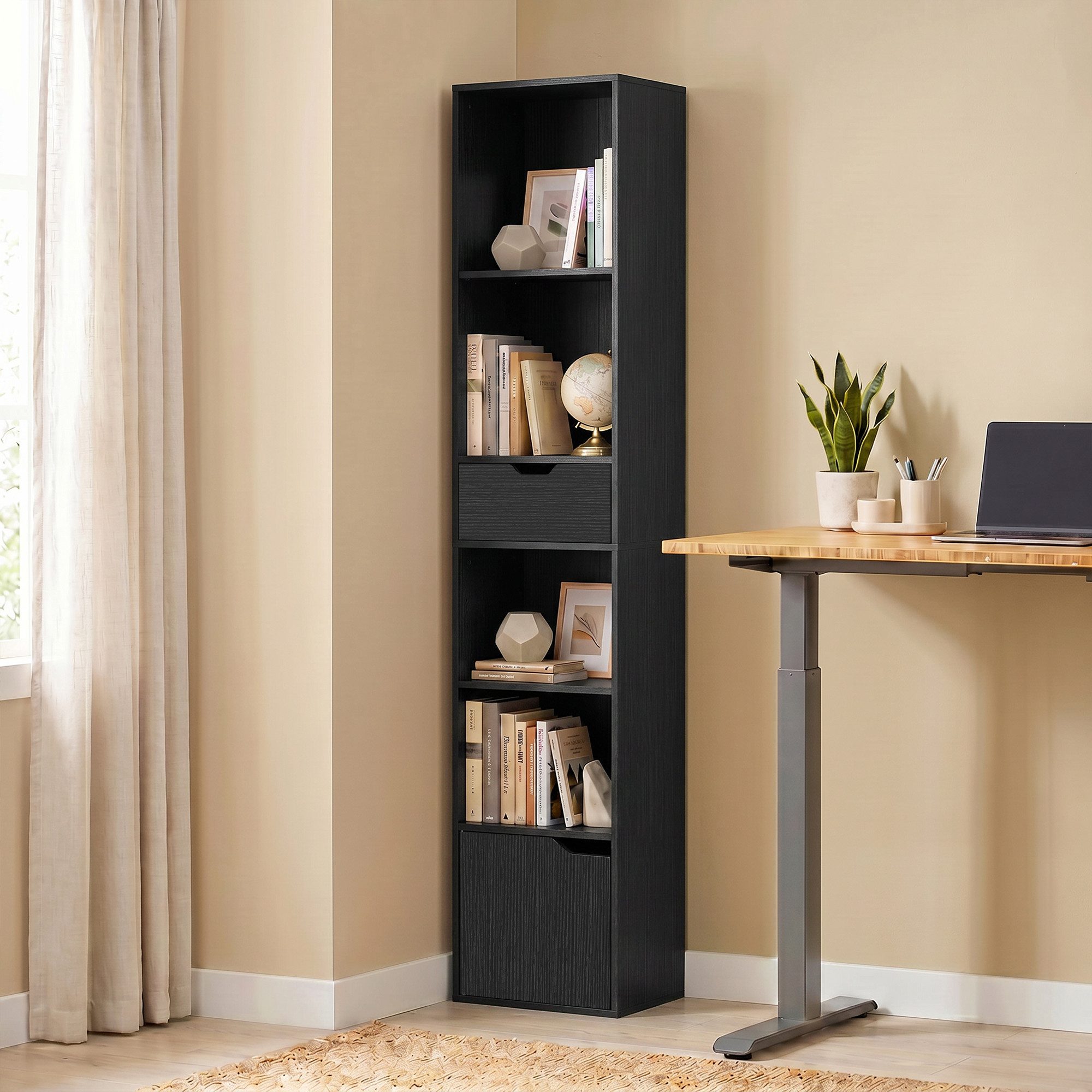 MODFU Bücherregal Mehrzweckregal 30x24x158 cm mit 6 Ebenen und Schublade Schwarz, Packung 1-tlg., Freistehendes Aufbewahrungsmöbel mit flexiblem Regalboden