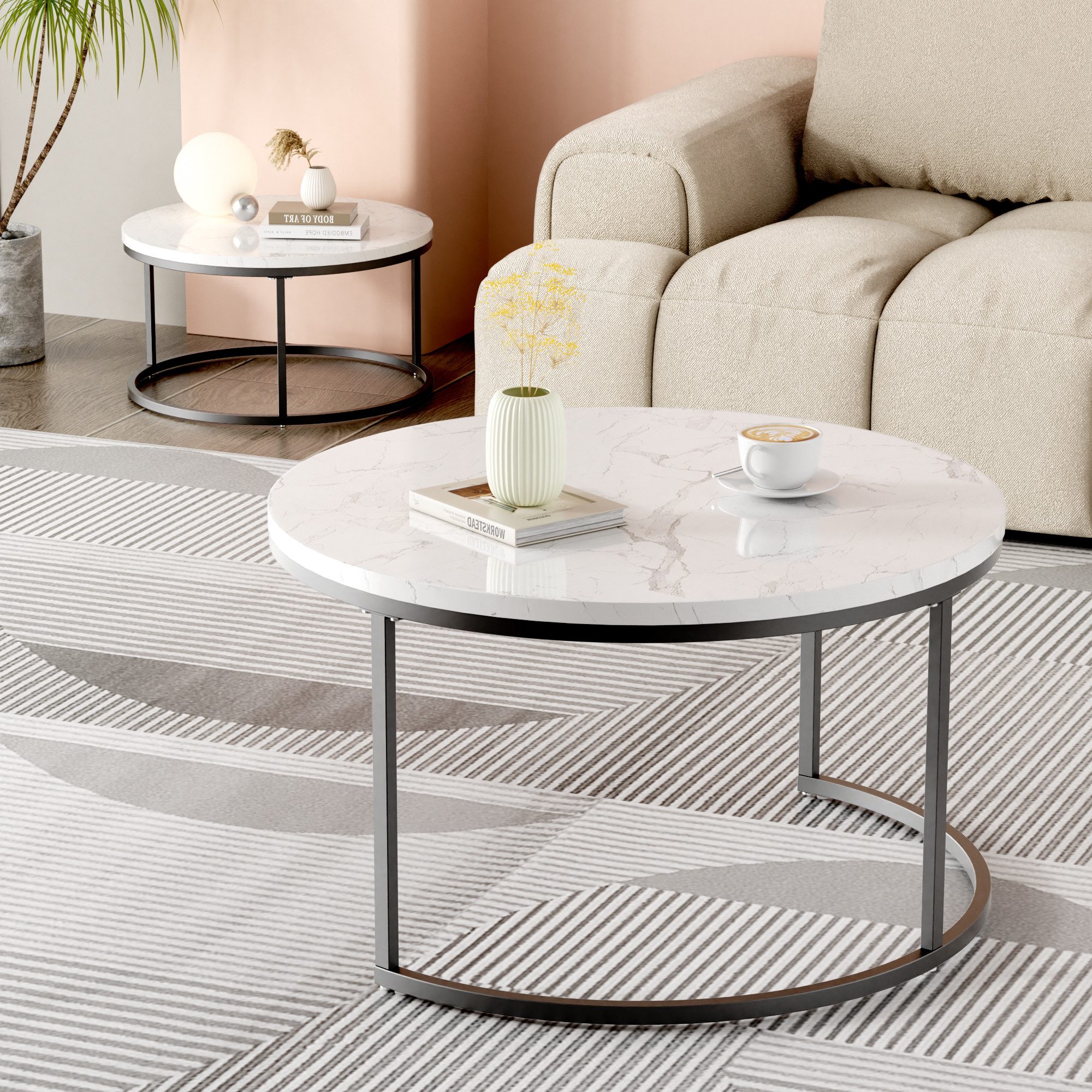 STILVORA Couchtisch Wohnzimmertisch Satztisch stapelbarer Beistelltisch mit Bodenschutz (elegantem Design, 2-St., Stabiler Eisenrahmen & leicht zu reinigende MD – Bild 3 von 5