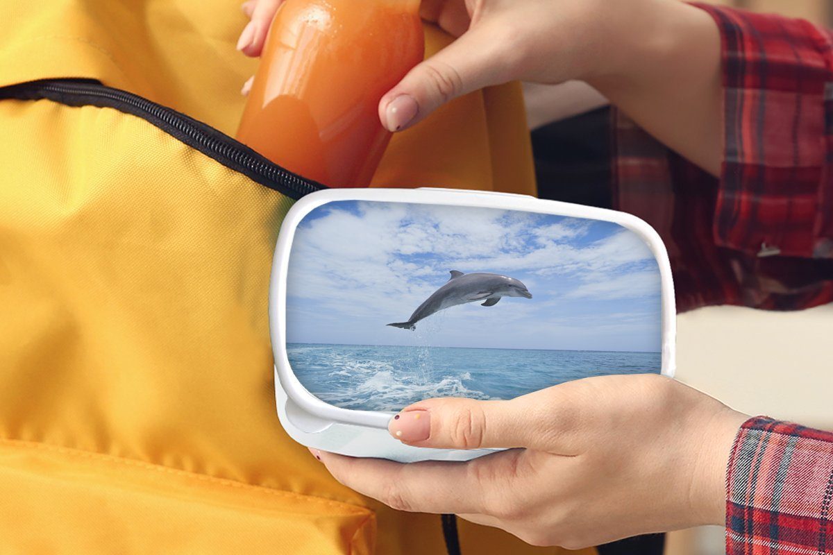 weiß und Jungs Meer für - Mädchen Lunchbox MuchoWow für Kunststoff, und Brotdose, - Kinder Delfin (2-tlg), Himmel, Erwachsene, Brotbox