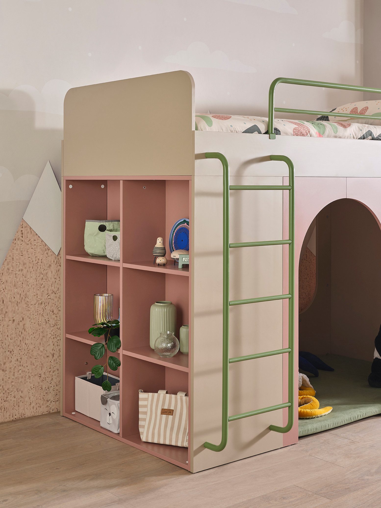 Möbel-Zeit Hochbett NORDIC Halbhochbett – integrierte Spielhöhle & Regalsystem 100x200 cm