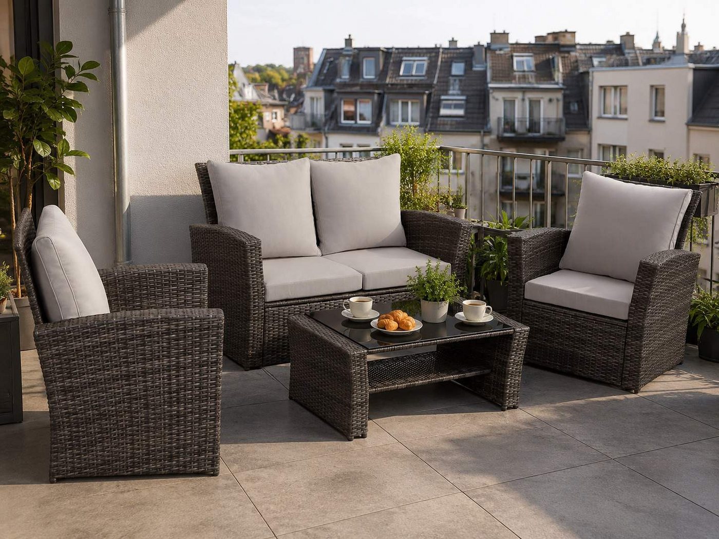 MeXo Gartenlounge-Set Polyrattan Gartenmöbel Set für 4 Personen, wetterfest, (Balkonmöbel Set Sitzgruppe, 4-tlg., mit Tisch & Stauraum), hohe Rückenlehne 80 cm, breite Armlehnen 8 cm