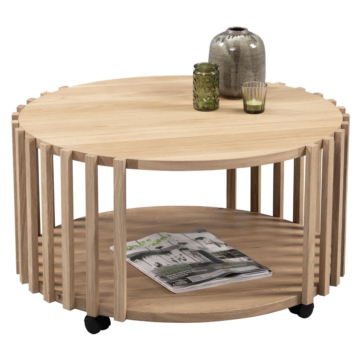 M2 Kollektion Couchtisch MATS, Braun, Wildeiche massiv geölt, mit Rollen, Ablage, Ø 73 x H 40 cm