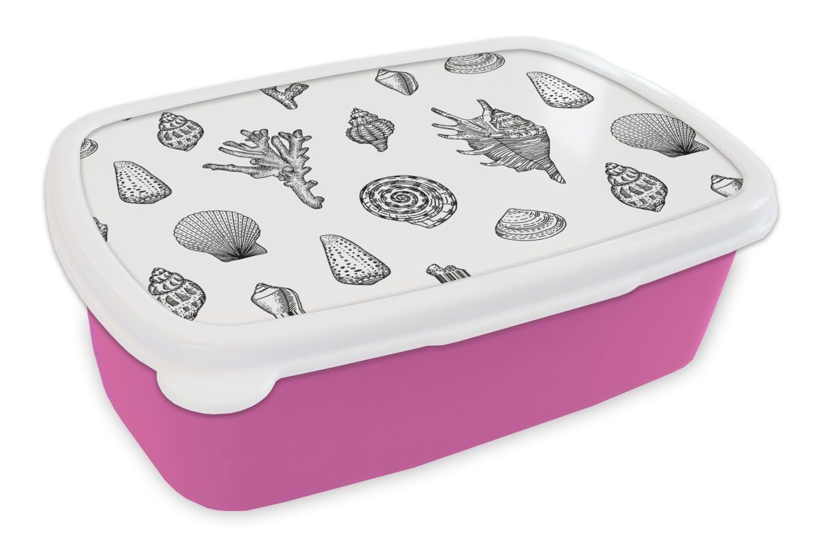 MuchoWow Lunchbox Muscheln - Meer - Sommer - Koralle, Kunststoff, (2-tlg), Brotbox für Erwachsene, Brotdose Kinder, Snackbox, Mädchen, Kunststoff rosa