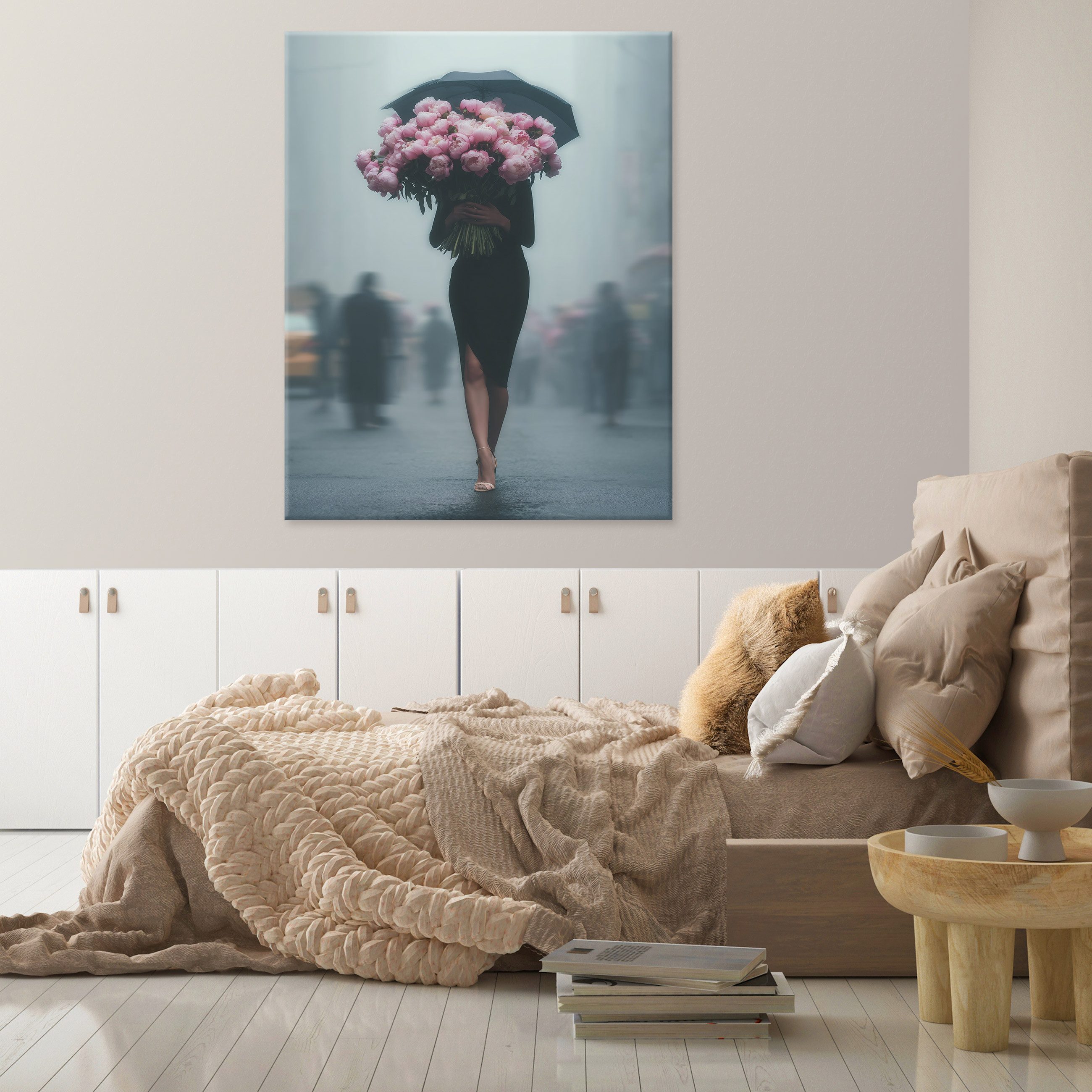 Wallarena Leinwandbild Frau Blumen Rosa Nebel Stadt Modern Wandbilder Wand Deko XXL Bilder, Frau - Kunst (groß Bilder Wohnzimmer Schlafzimmer Einteilig, 1 St), Bilder Klein Wohnzimmer Schlafzimmer Küche Wandbild Wand Deko 40x30