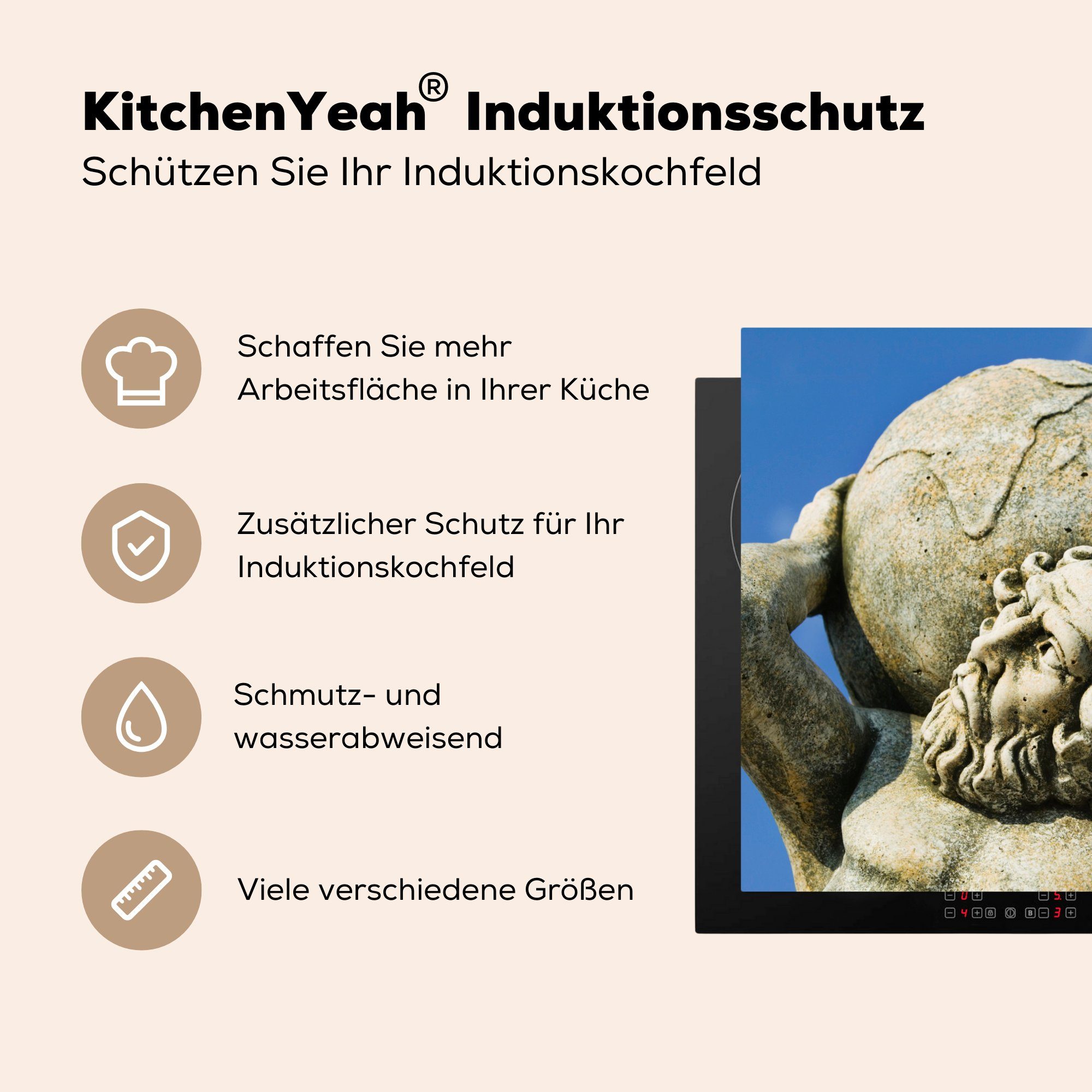 MuchoWow Herdblende-/Abdeckplatte Statue - Atlas, Vinyl, 78x78 tlg), cm, küche Arbeitsplatte Griechische Mythologie - für (1 Ceranfeldabdeckung