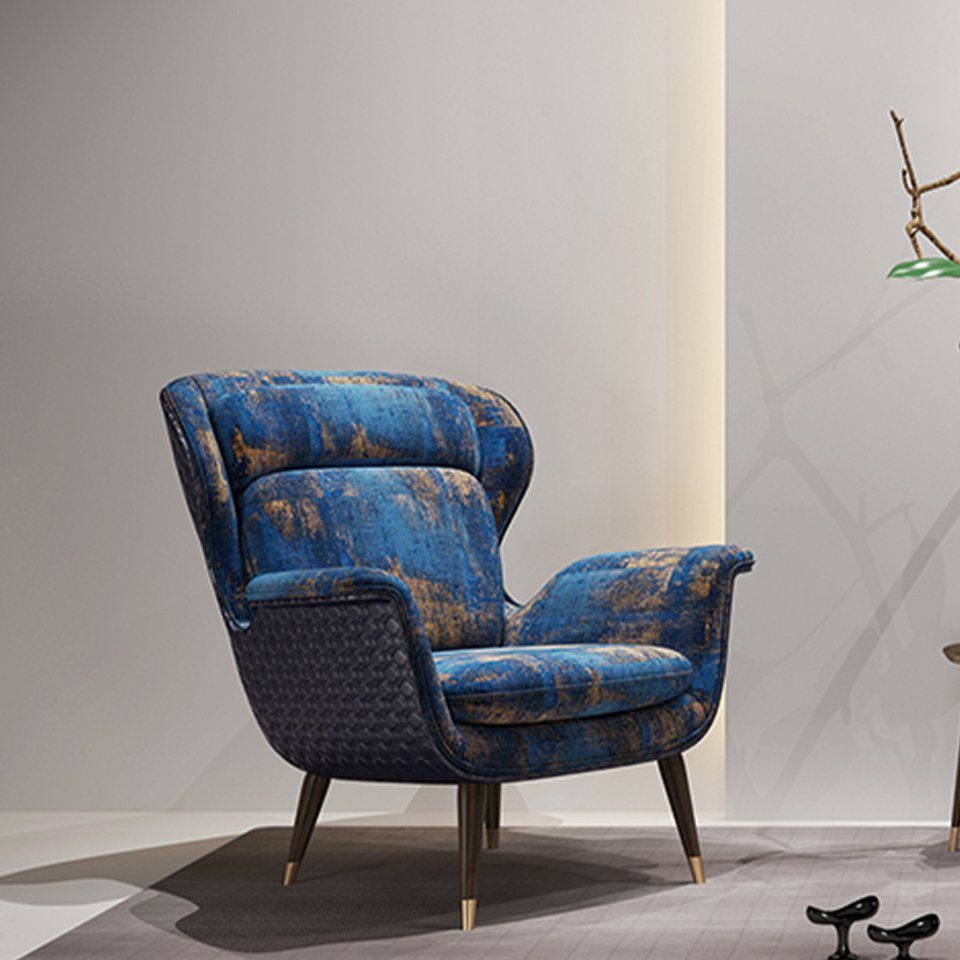 JVmoebel Sessel, Design Ohrensessel 1 Sitzer Stoff Couch Sofa Polster Sofas Neu Blau