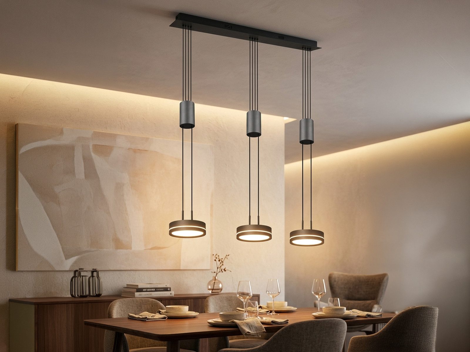 TRIO Leuchten LED Pendelleuchte, Dimmfunktion, LED fest integriert, warmweiß, Esstisch-Lampe hängend, stufenlos höhenverstellbar, Breite 85cm