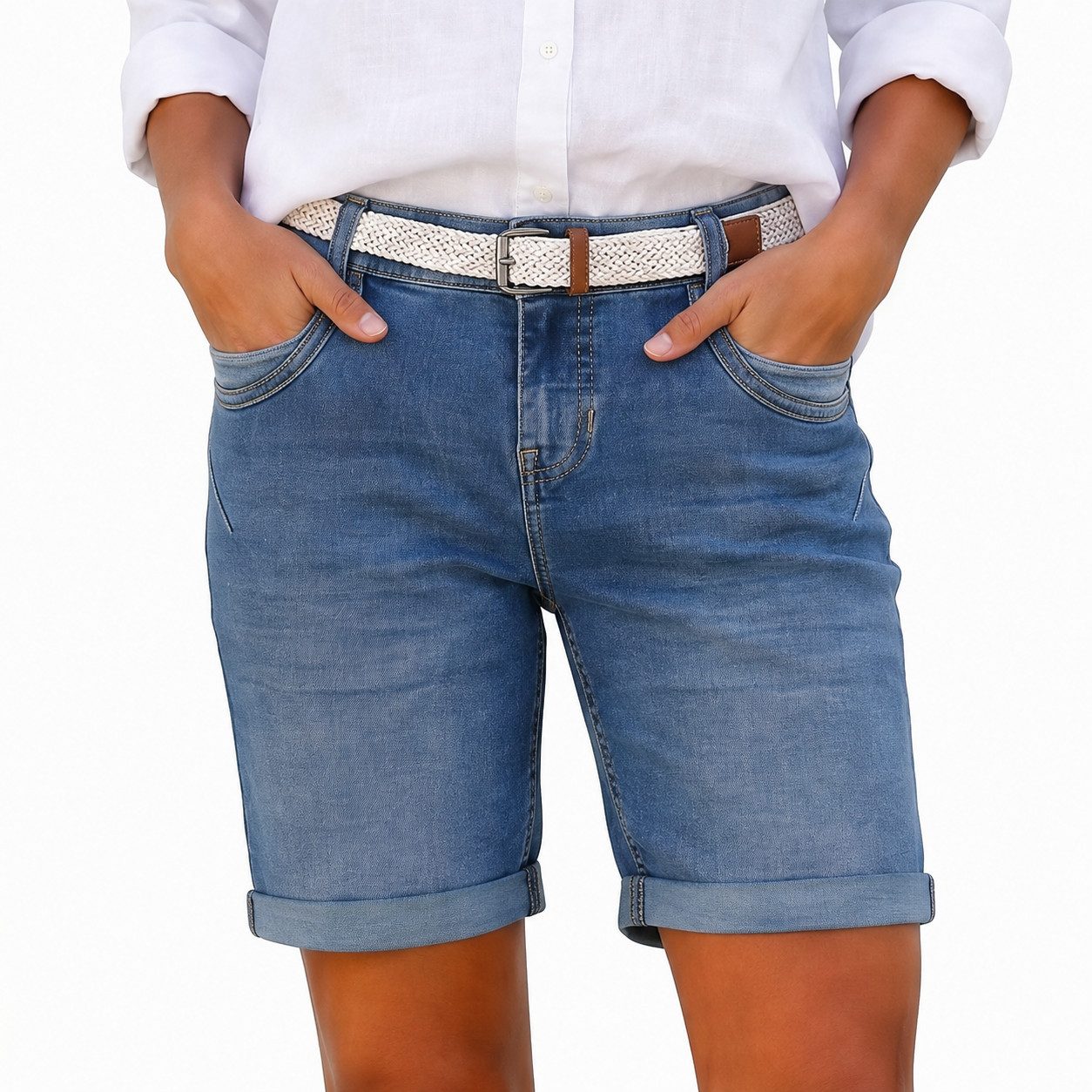 SUBLEVEL Bermudas (1-tlg) SUBLEVEL Damen Jeans Bermuda – Blau Jeans-Shorts mit Gürte