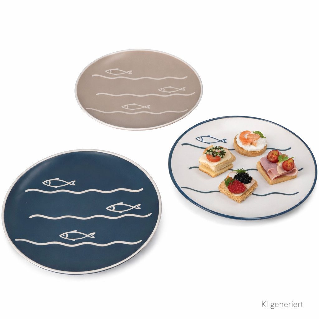 MamboCat Frühstücksteller 6er Set Dessertteller Fisch Keramik weiß blau beige Kuchenteller