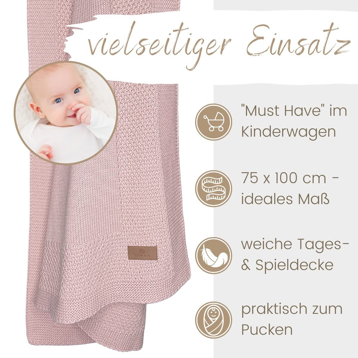 Babydecke DIKOS® Kuscheldecke Bordüre *100%* Bio Baumwolle, Geschenk zur Geburt, DIKOS, Strickdecke 75×100, Baby Erstausstattung Neugeborene, Babygeschenk – Bild 4 von 5