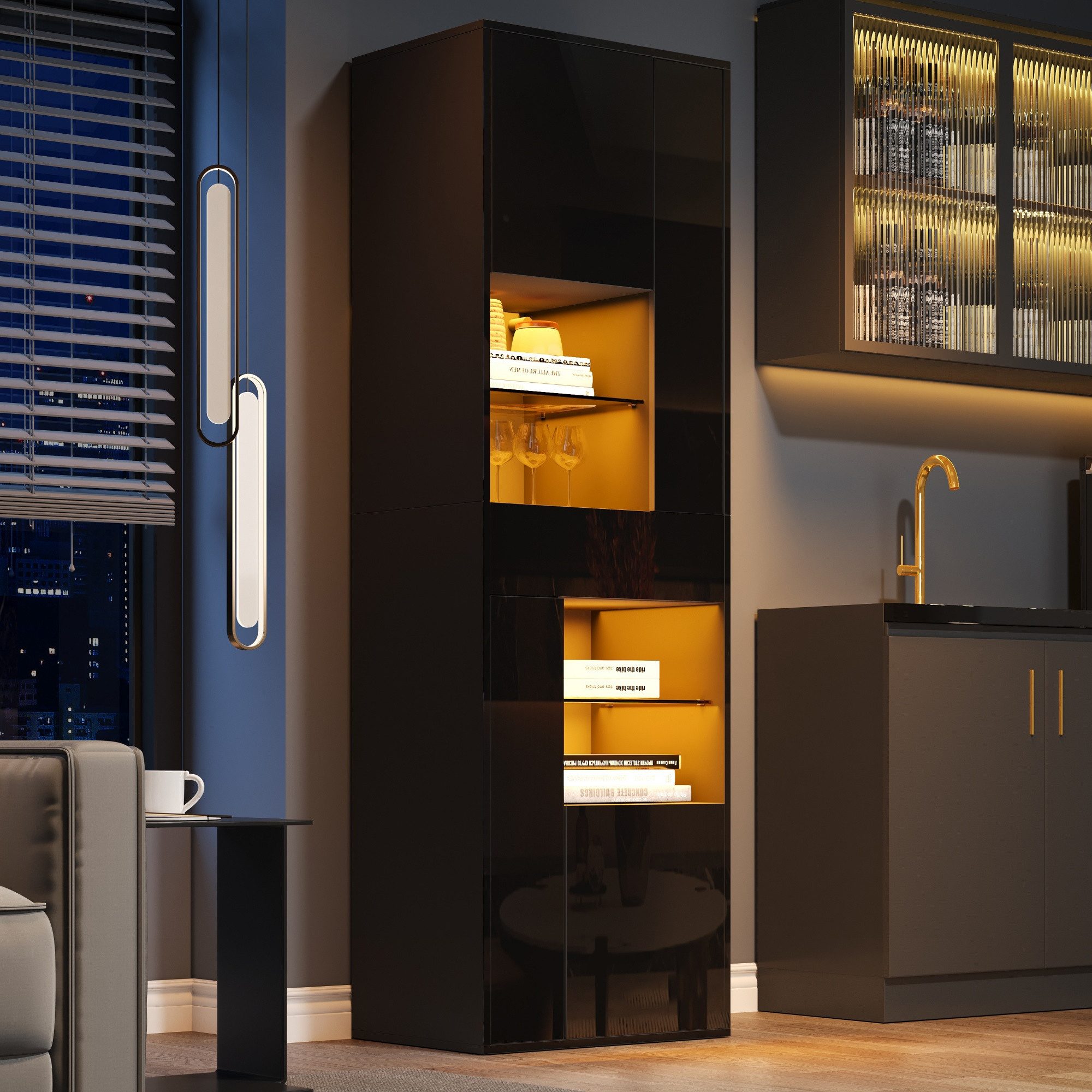 MODFU Vitrine Vitrine (Schaukästen, Hochschrank, 1-St., mit 1 Schublade und 4 Schränken) mit led beleuchtung, Hochglanz-Design