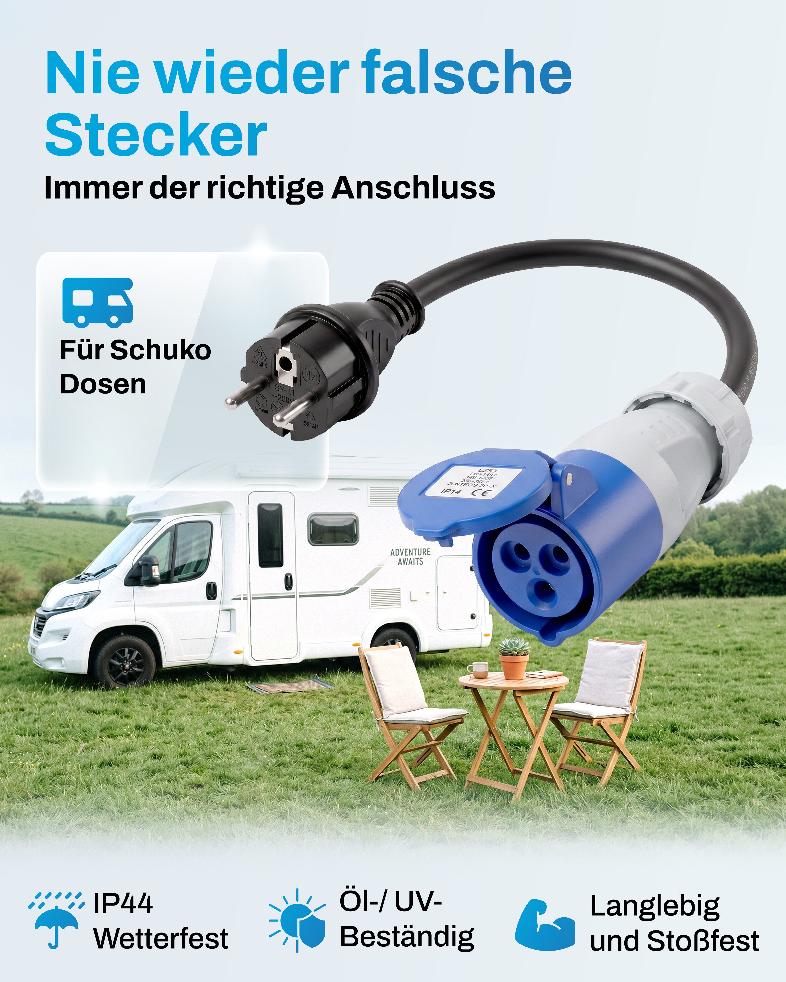 feletec CEE Adapter Schuko Stecker auf CEE Kupplung, 35cm Camping Kabel, IP44 CEE-Adapterkabel