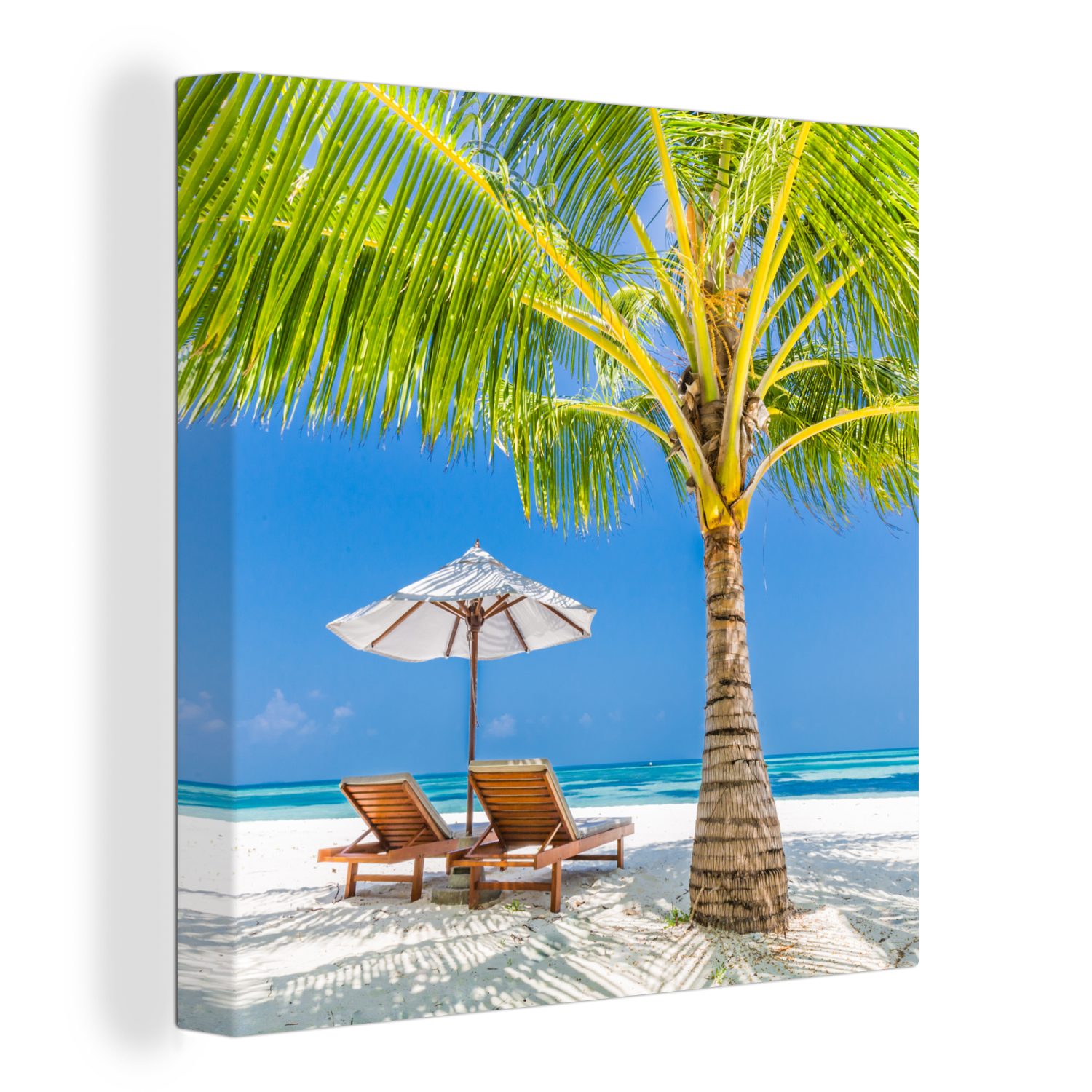 OneMillionCanvasses® Leinwandbild Palme - Strandkorb - Sonnenschirm, (1 St), Leinwand Bilder für Wohnzimmer Schlafzimmer bunt
