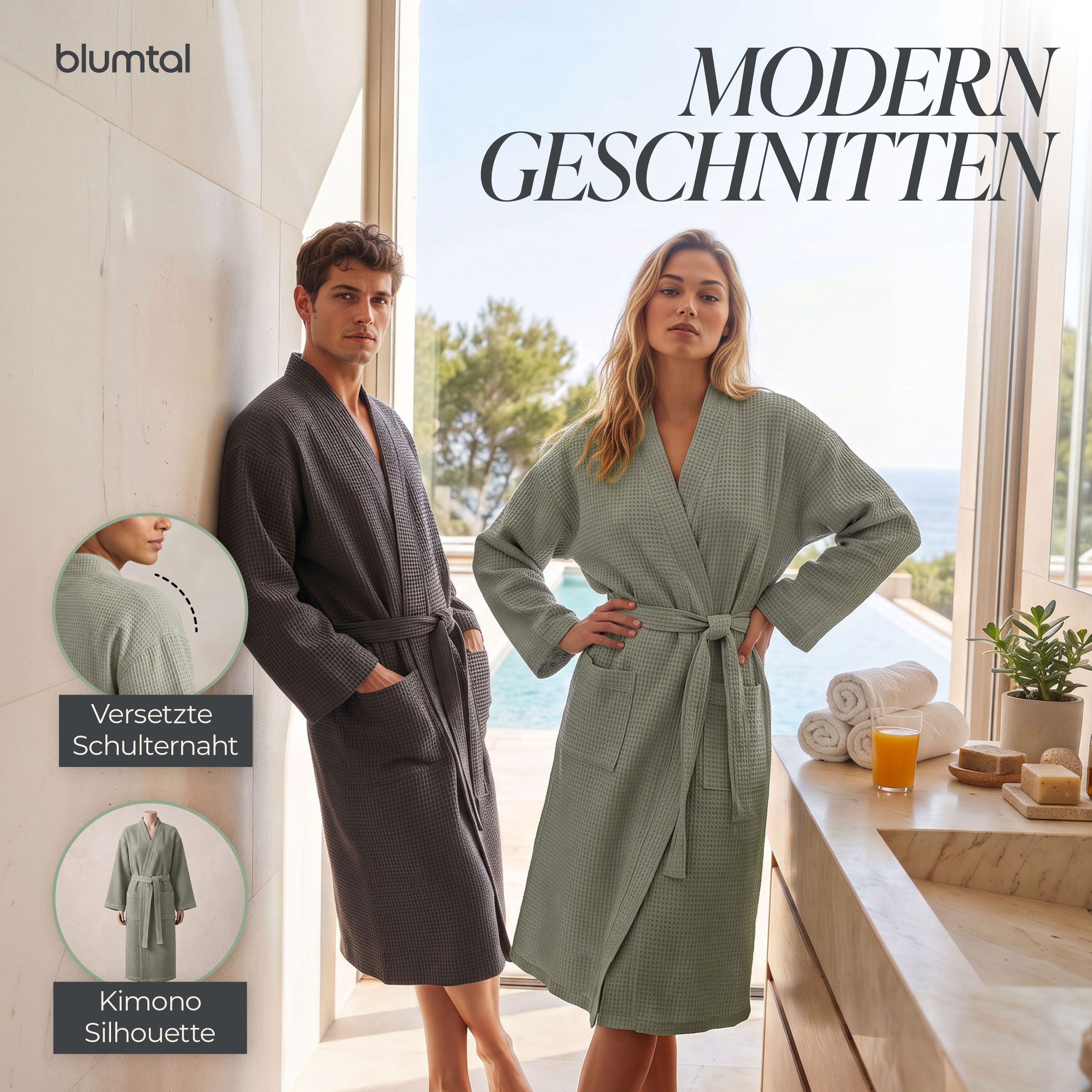 Blumtal Bademantel Waffelpique - Unisex Bademantel - Zertifizierter Bademantel, 2 Außentaschen, mit Reißverschlusstasche, Damen & Herren - Saunamantel inkl. Rei – Bild 3 von 5