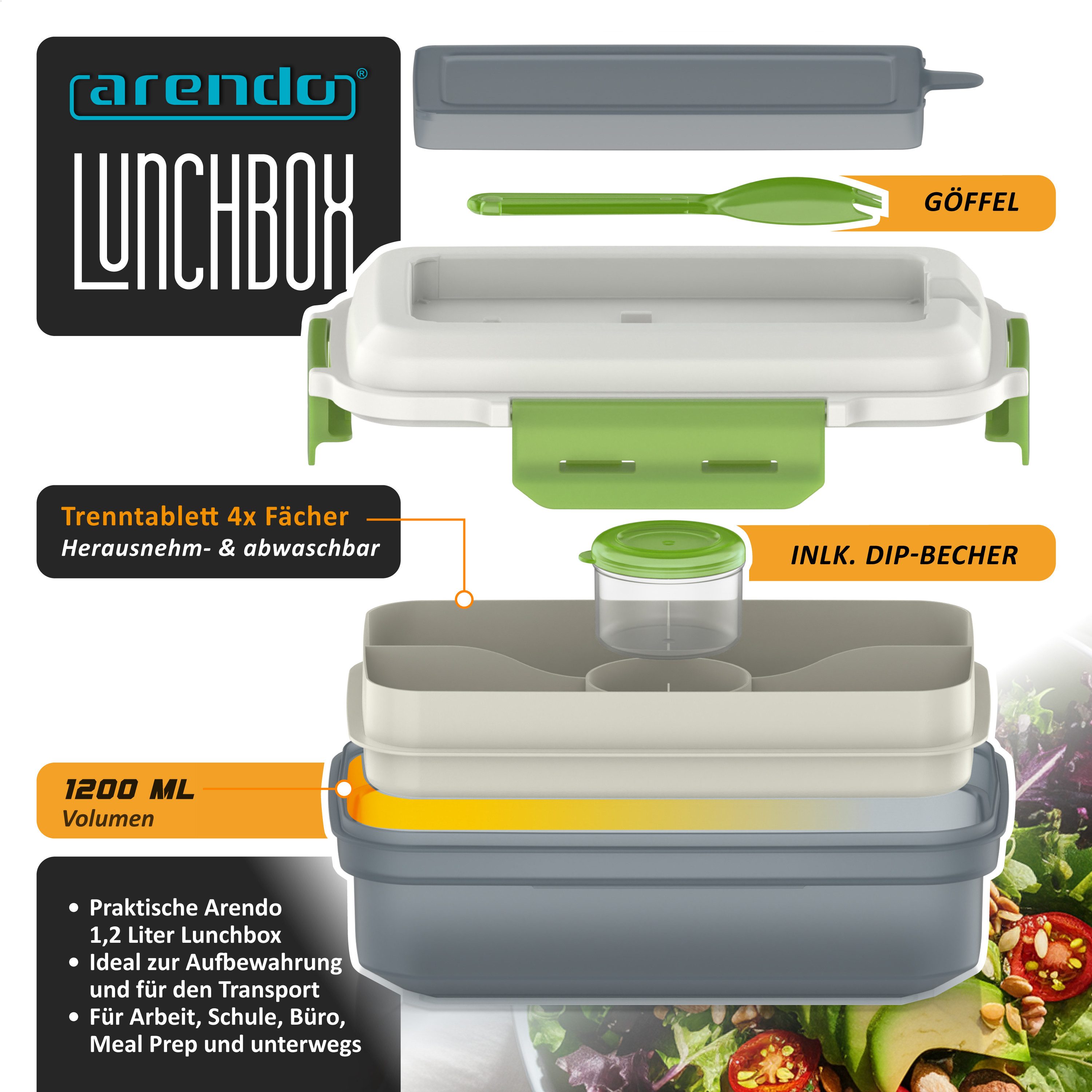Arendo Lunchbox Lunchbox 1,2 l, rechteckig, luftdicht, Brotdose, Trenntablett & Spork, Kunststoff, (1-tlg., 2 Trennstege, 2 Silikondichtungen), auslaufsicher, Silikondichtung, Saucenbox, spülmaschinengeeignet