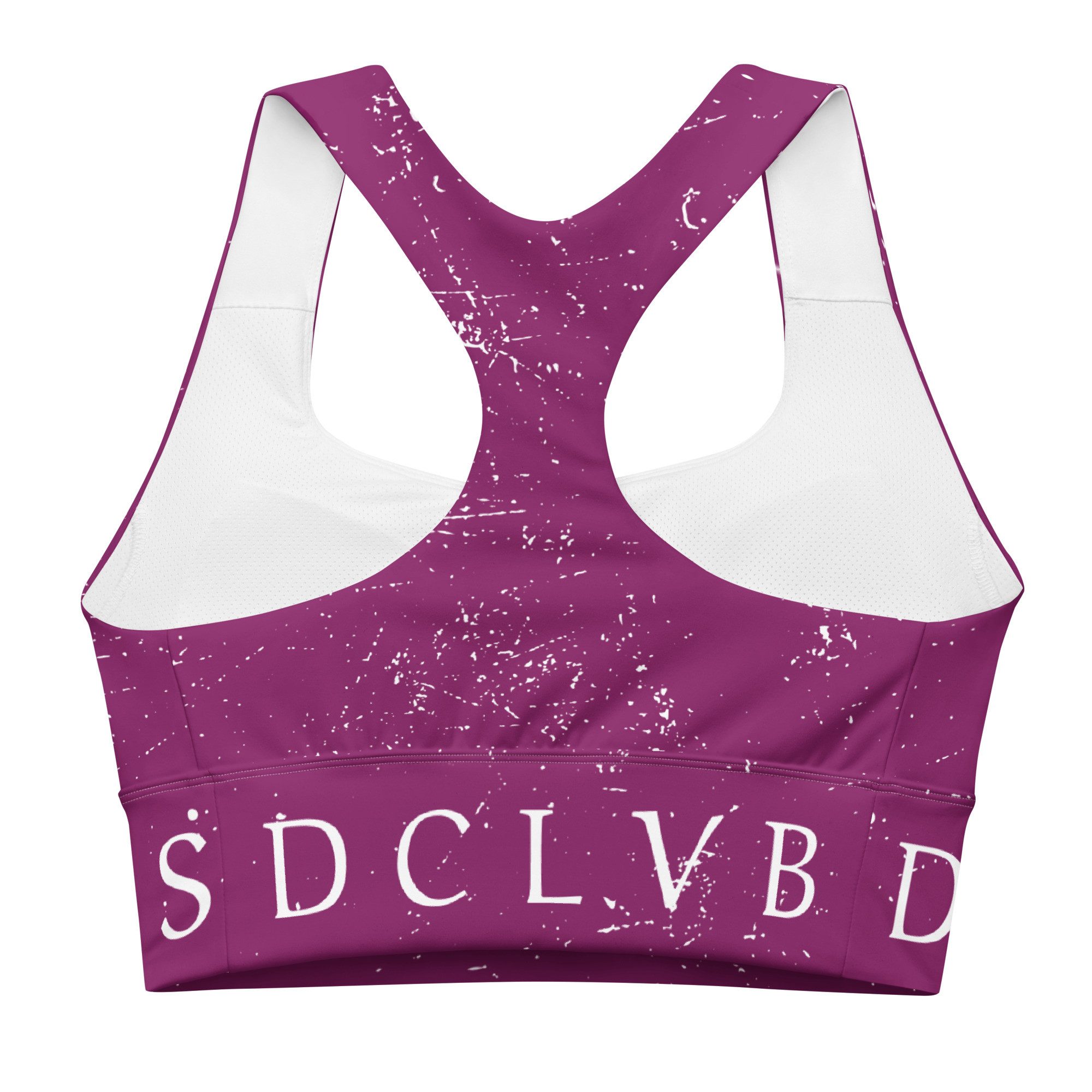 DECALVIBES Sport-BH Longline Sports Bra Purple Carbon Paper Longline Design, starker Halt, herausnehmbare Pads, atmungsaktiv