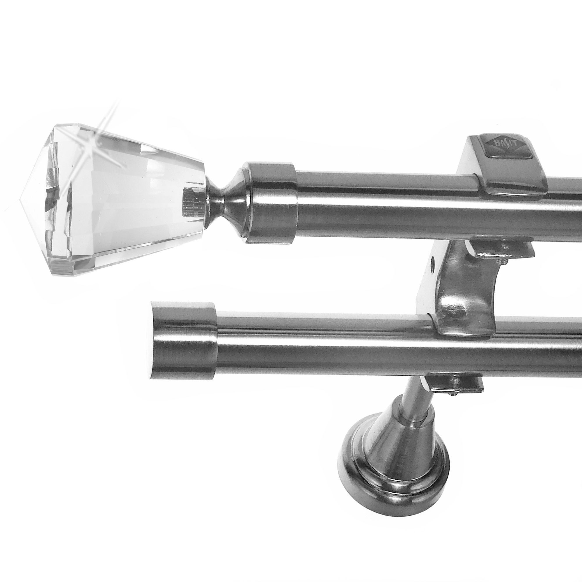 BASIT Gardinenstange Edelstahloptik 20mm mit Wandträgern 280 cm E36, Ø 20 mm, 2-läufig, verschraubt, Metall, H60RR 280 cm E36 Knauf Kristall