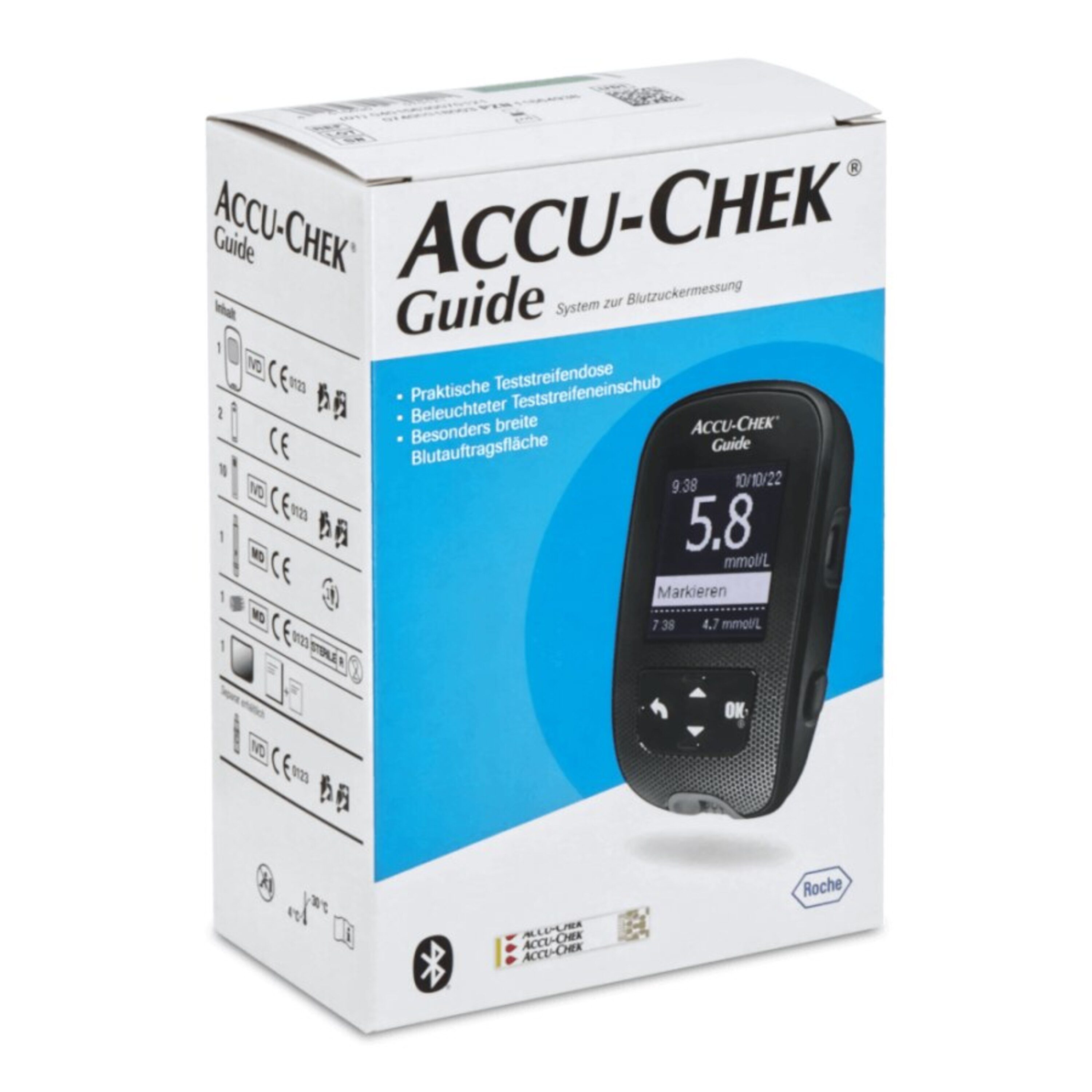 Roche Blutzuckermessgerät Accu-Chek Guide mmol oder mgdl, Starterset, Diabetesüberwachung, mit Bluetooth und App, Großes beleuchtetes Display, Integrierter Auswurfknopf