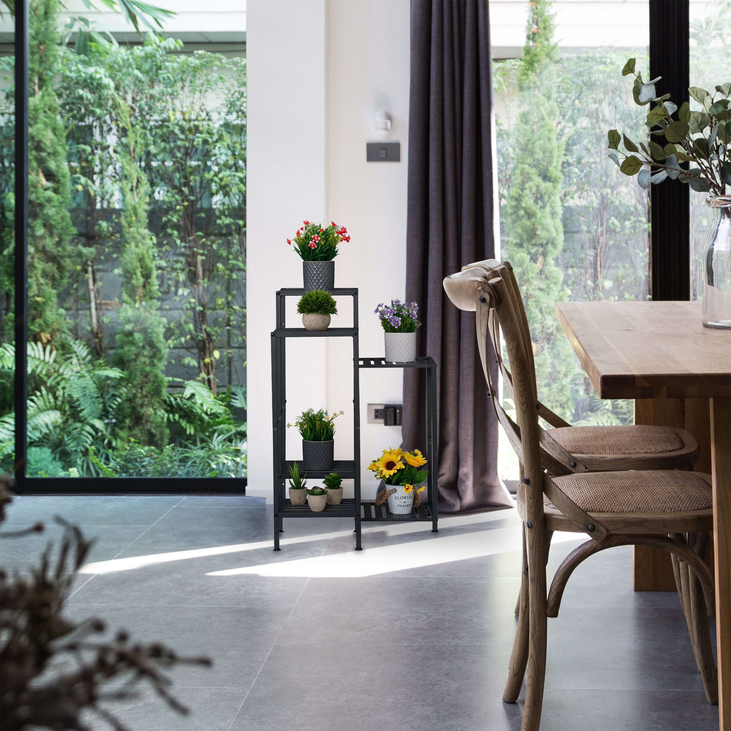 relaxdays Pflanzentreppe Blumenregal aus Metall, schwarz, 5 Ablagen