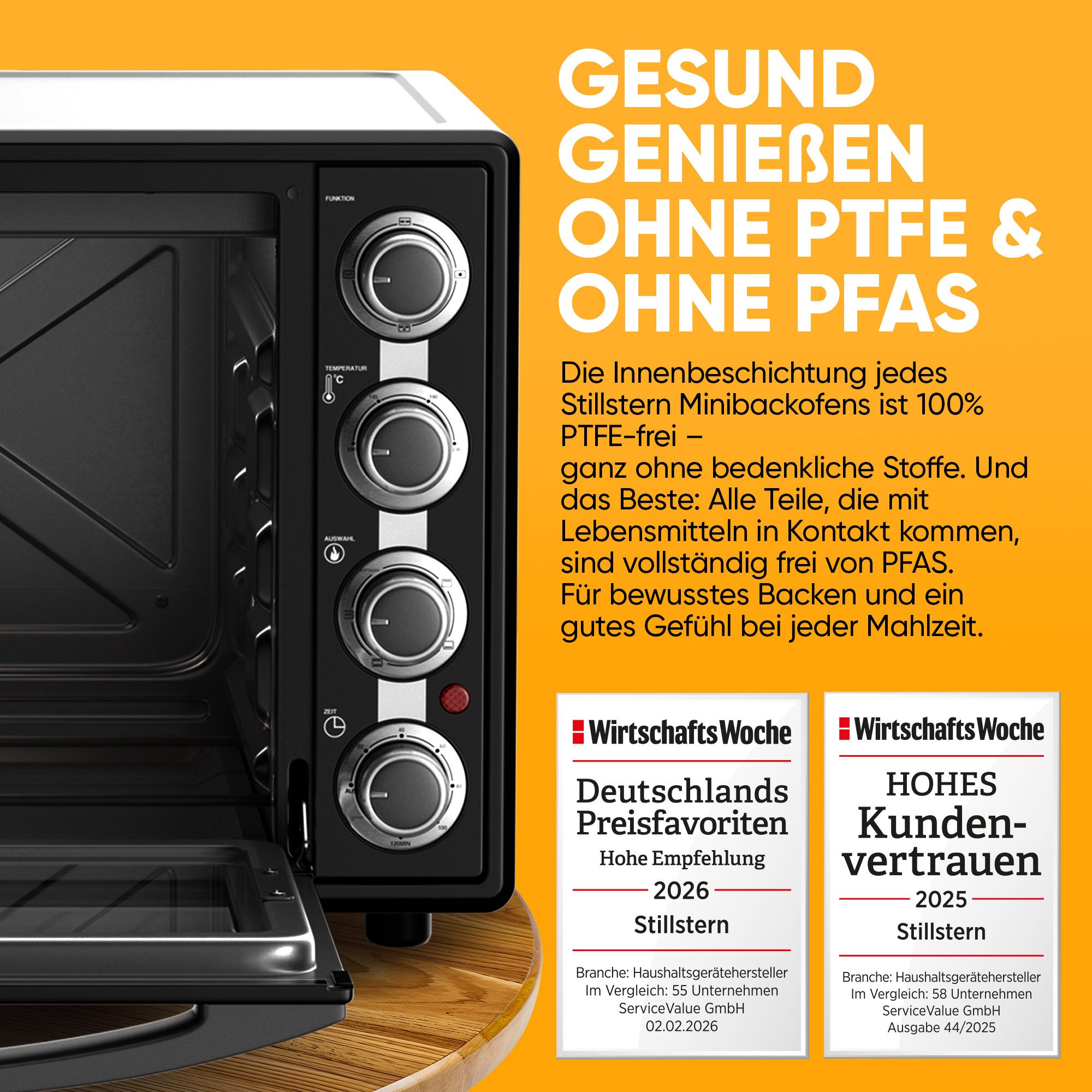 Stillstern Minibackofen MB45-LED 2G (45L) Deutsche Version, Ofenhandschuhe, Rezeptheft, Drehspieß, Timer, Innenbeleuchtung