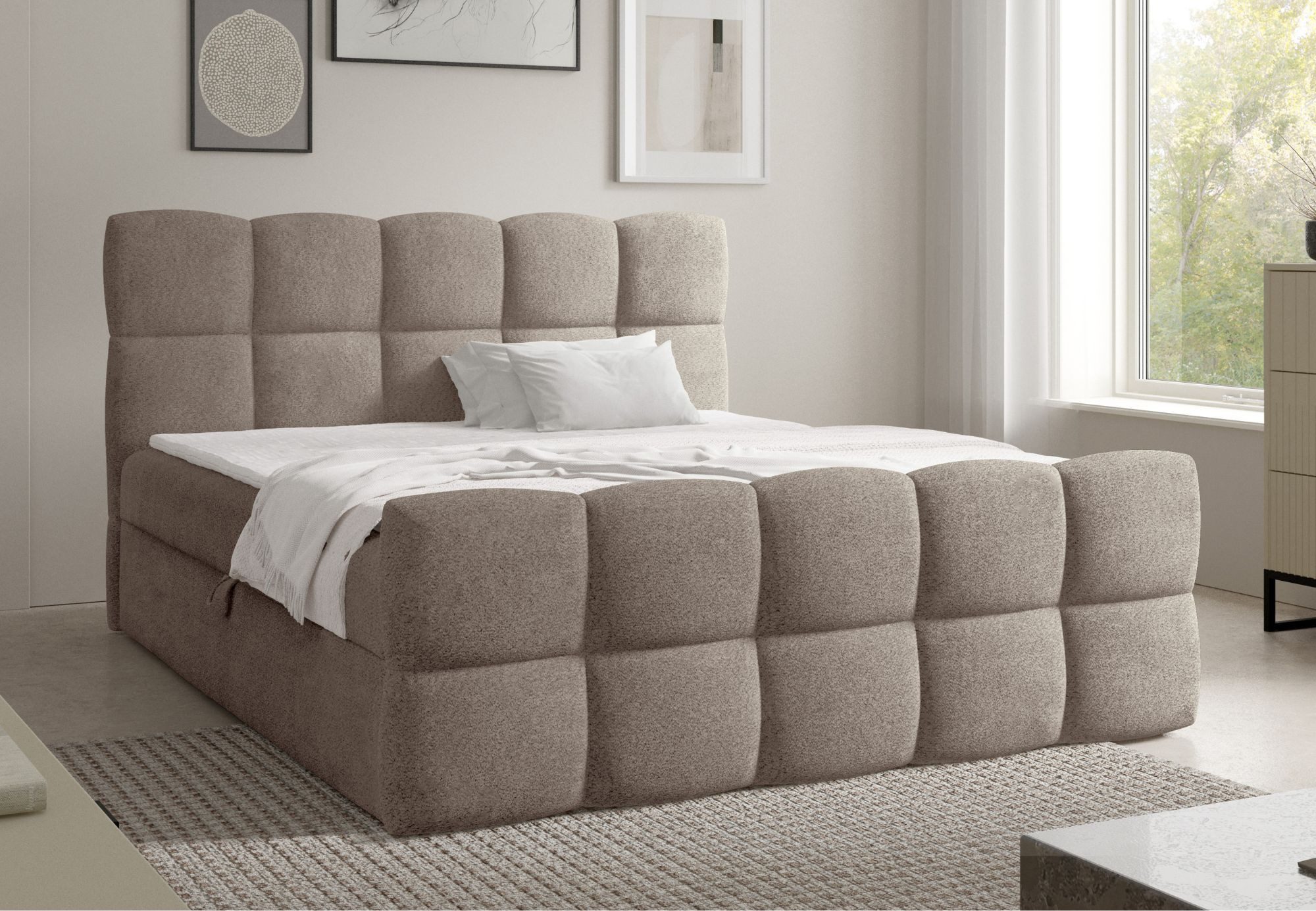 Home Collective Boxspringbett Polsterbett Doppelbett Bubble Bett mit Stauraum, Topper, viele Größen (Verfügbare Größen: 120x200, 140x200, 160x200, 180x200, 200x200 cm), komfortable Liegehöhe edles Design mit Steppung Beige