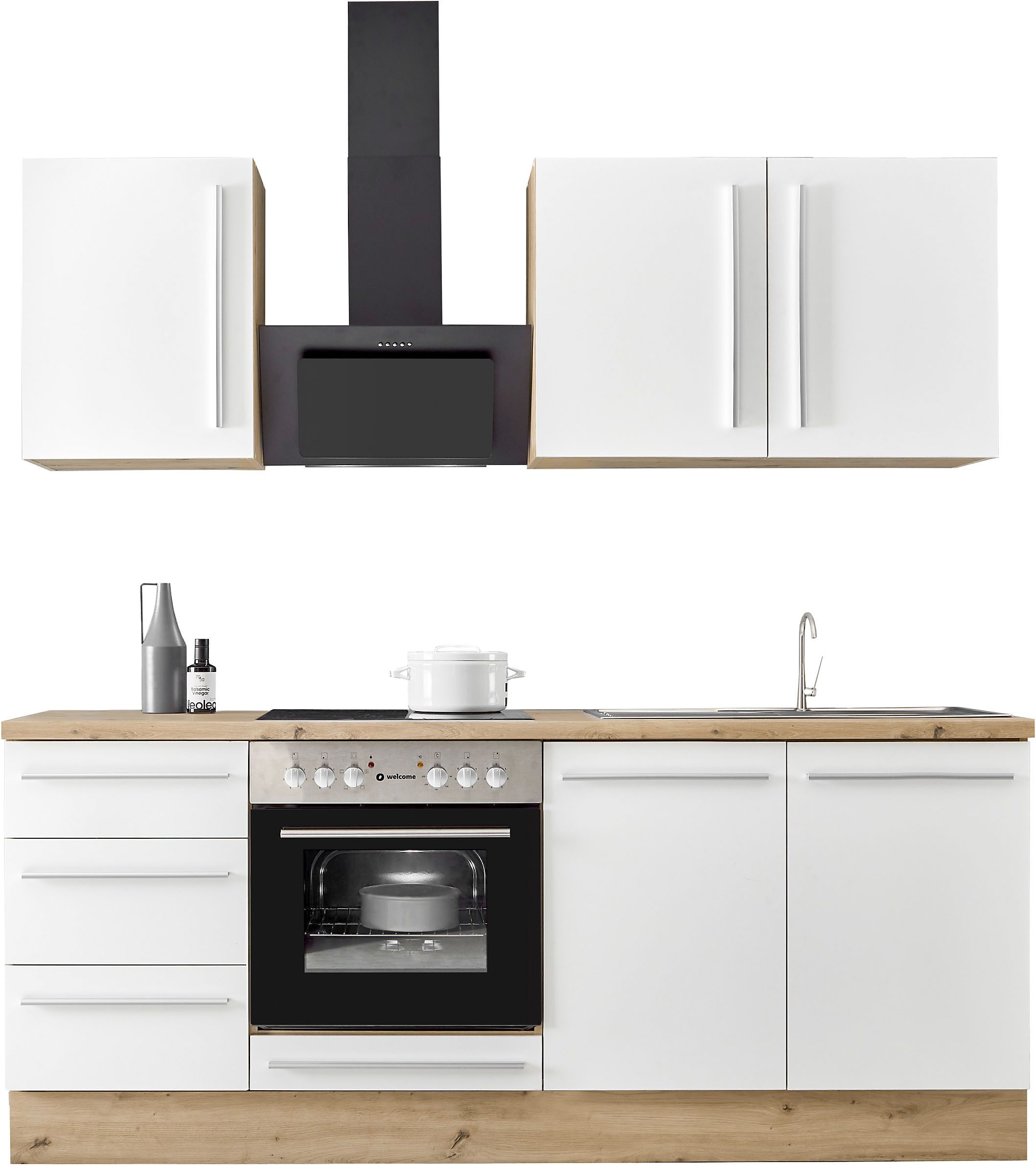 KOCHSTATION Küchenzeile KS-Florida mit 38mm starker Arbeitsplatte, Breite 210 cm, wahlweise mit E-Geräten, Soft-Close-Funktion