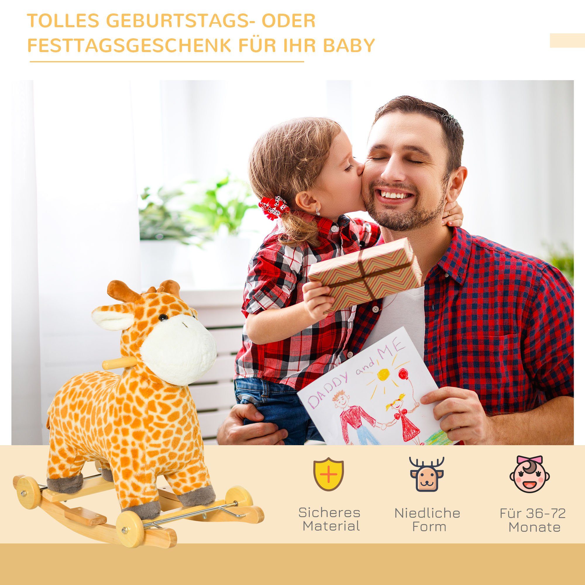 HOMCOM Schaukeltier 2-IN-1 Schaukelpferd mit Räder Plüsch Babyschaukel Spielzeug Gelb, (1 tlg), 63L x 38B x 63H cm – Bild 4 von 5