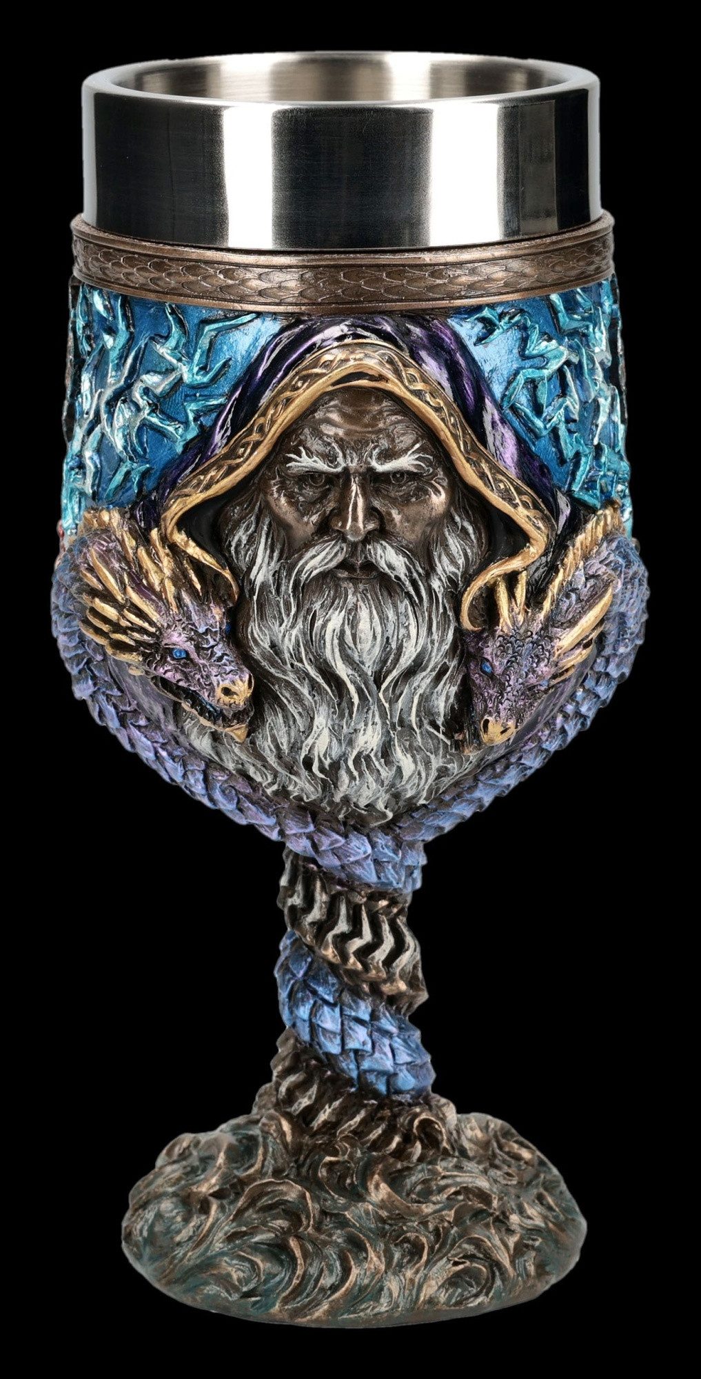 Figuren Shop GmbH Becher Zauberer Kelch mit Drachen – Fantasy Trinkkelch Himmel Hölle 17 cm, Kunststein (Polyresin), Edelstahl