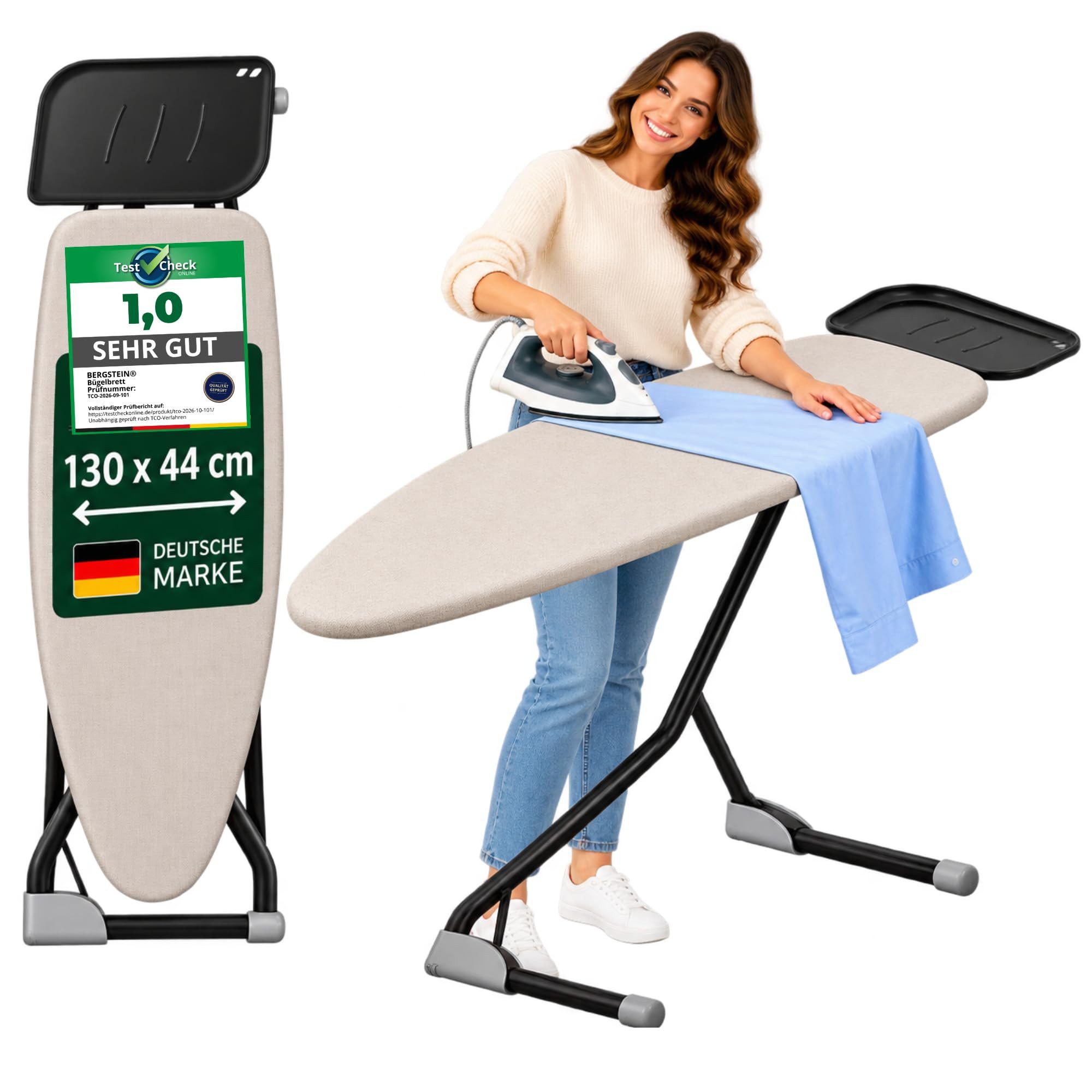 Bergstein Bügelbrett für Dampfbügelstation XXL [130 x 44 cm] 6-fach höhenverstellbar, Bügelfläche 130,00x44,00 cm, Made in Italy, für Dampfbügelstation, Baumwollbezug, bis 5 kg