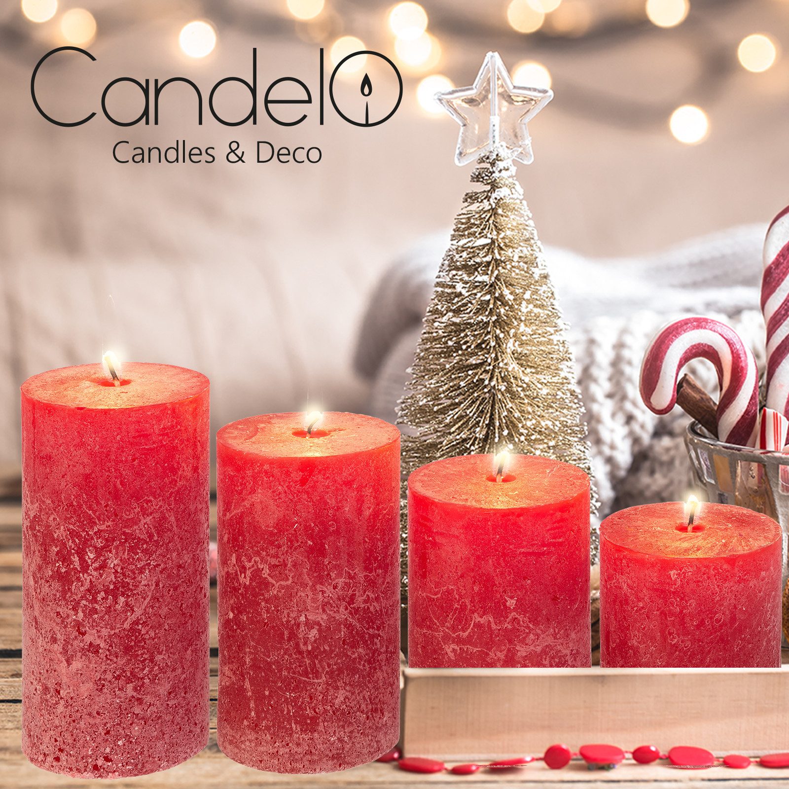 Candelo Stumpenkerze 4er Set Rustik Kerzen Weihnachten-Adventskranz Kerze-Rot 8/10/12/14cm