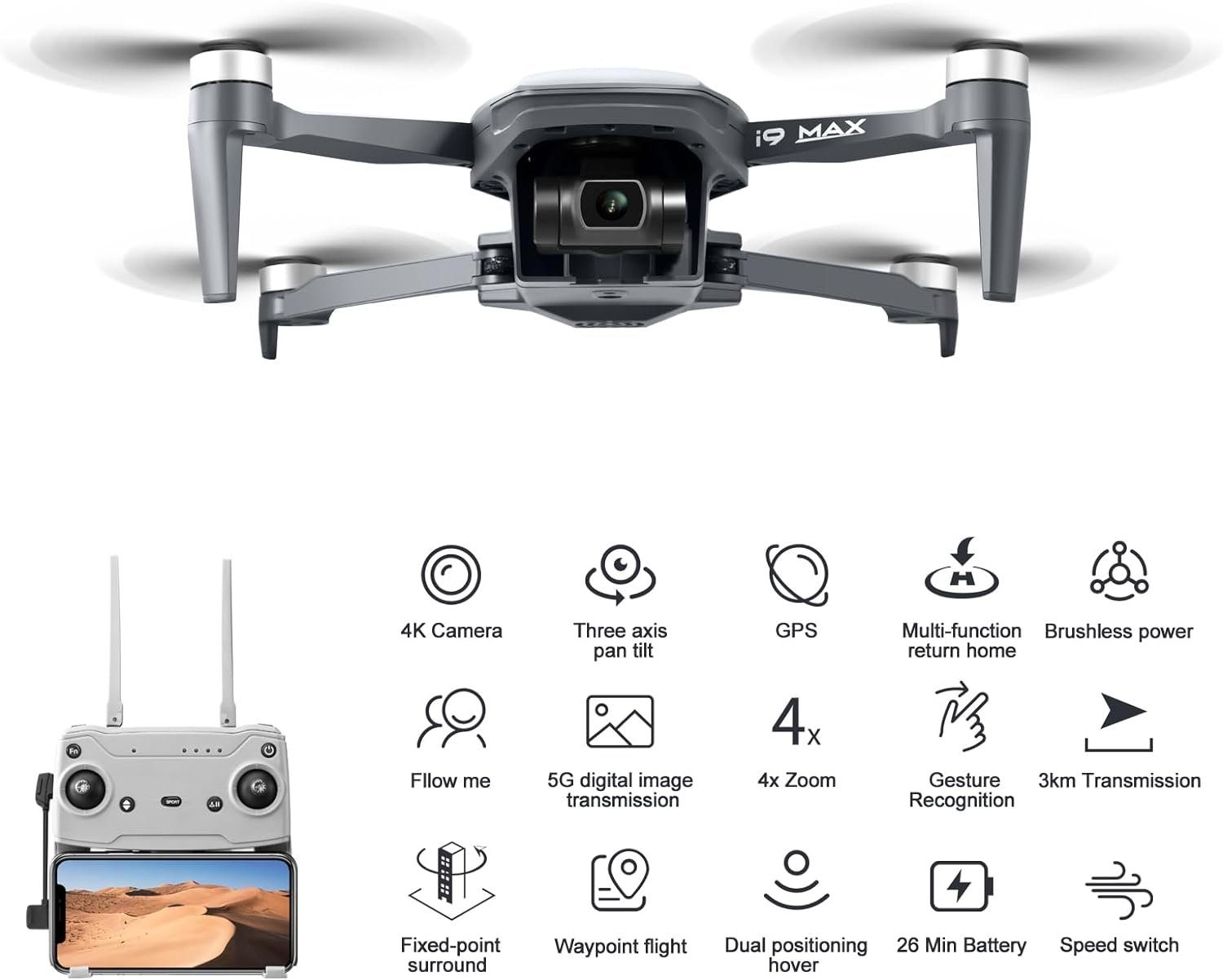 OKYUK Drohne (4K/15FPS, 2.7k/25FPS, Kamera Übertragung GPS Rückkehr) Bürstenloser 4k 3KM Gimbal FPV Smart