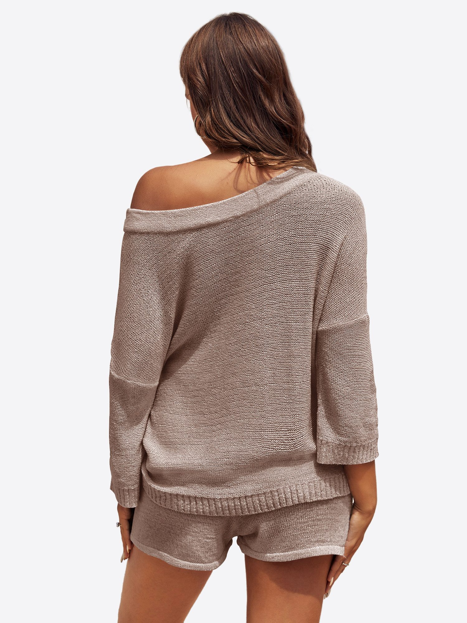 Imily Bela Hausanzug Damen Zweiteiliges Pyjama-Set (Set, 2 tlg., Schulterfreier Strickpullover + Kurze Hose) Einfarbig – Bild 3 von 5
