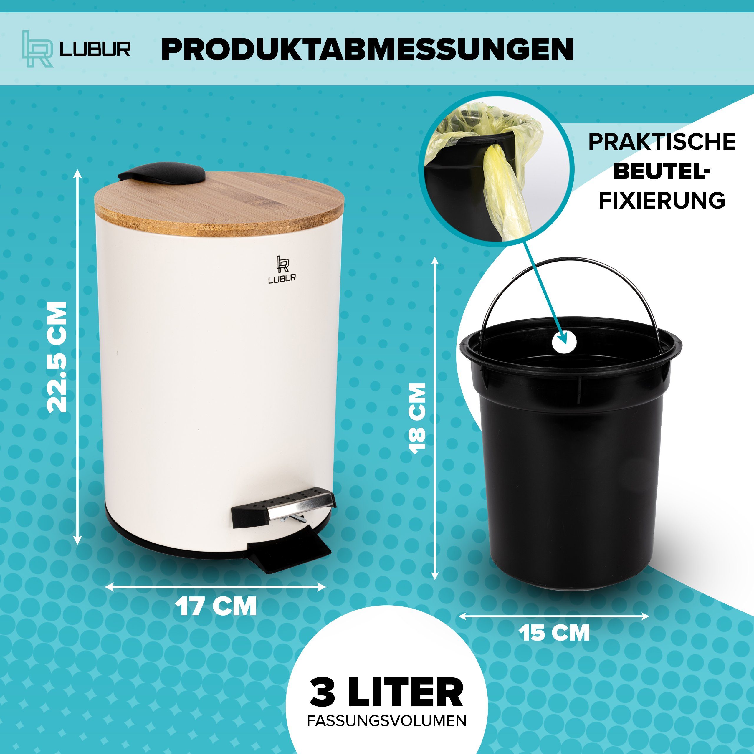 Lubur 3L - - Bambusdeckel Hochwertiger mit Mülleimer und speziell beschichtetem Softclose Kosmetikeimer, Badezimmer mit Badmülleimer Absenkautomatik edler Weiß