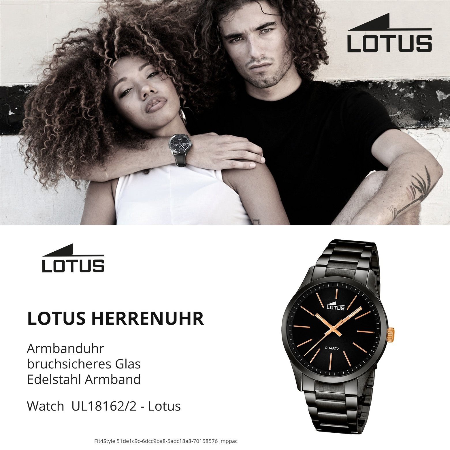 Lotus Quarzuhr Lotus Herren Uhr Elegant L18162/2 Stahl, (Analoguhr), Herren Armbanduhr rund, Edelstahlarmband schwarz