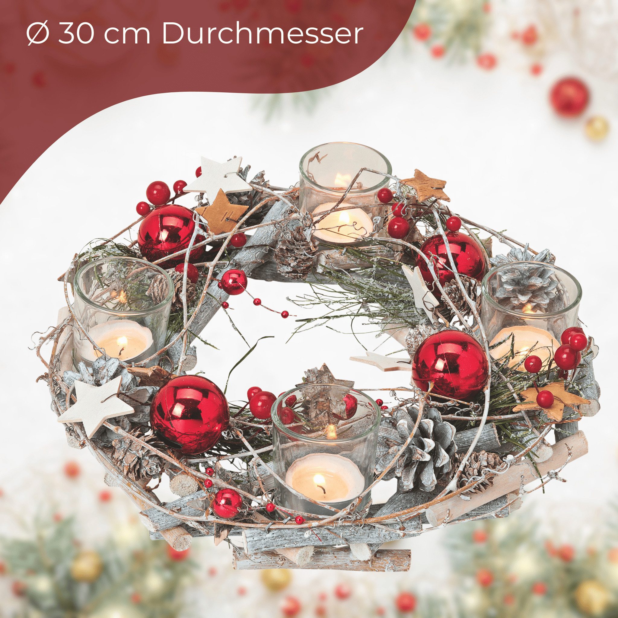 matches21 HOME & HOBBY Adventskranz Holz-Deko Adventskranz 30 cm Teelicht-Halter, rote Weihnachtsdeko, Adventsdeko Teelichthalter als Tischdeko Weihnachts-Kranz