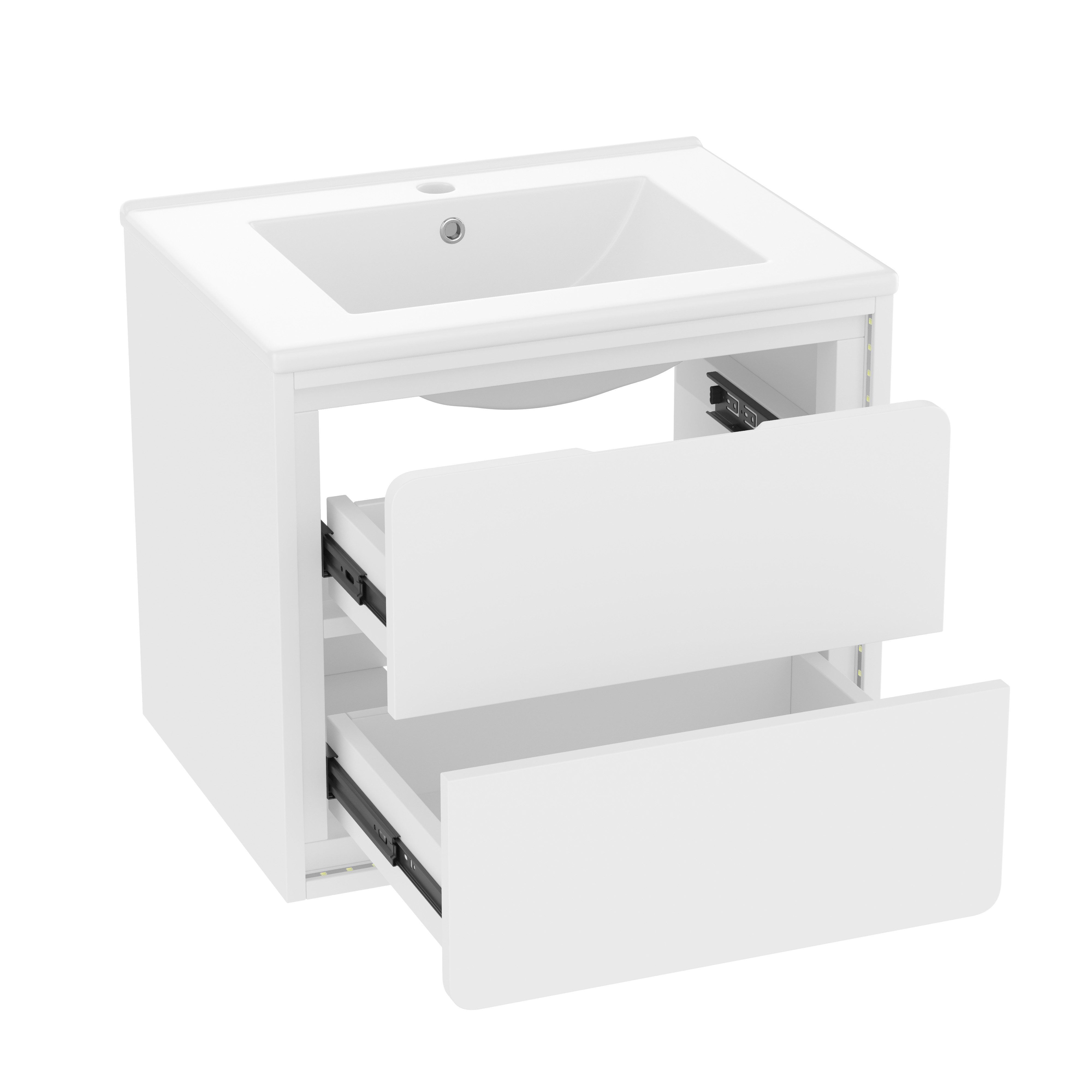 Flieks vanity unit with LED radar sensor including washbasin (wall-mounted, bathroom cabinet fully lacquered, 1-piece, W60/D46/H50 cm), bathroom furniture washbasin area with 2 drawers and LED lighting white