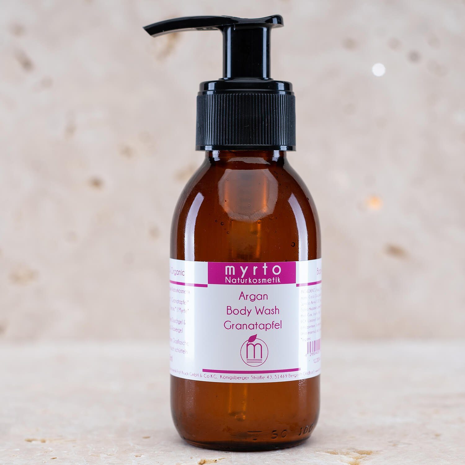 myrto Naturkosmetik Duschgel Argan Body Wash Granatapfel - für sensible Haut, 3-in-1 Produkt, Duschgel, Shampoo, mildes Rasiergel