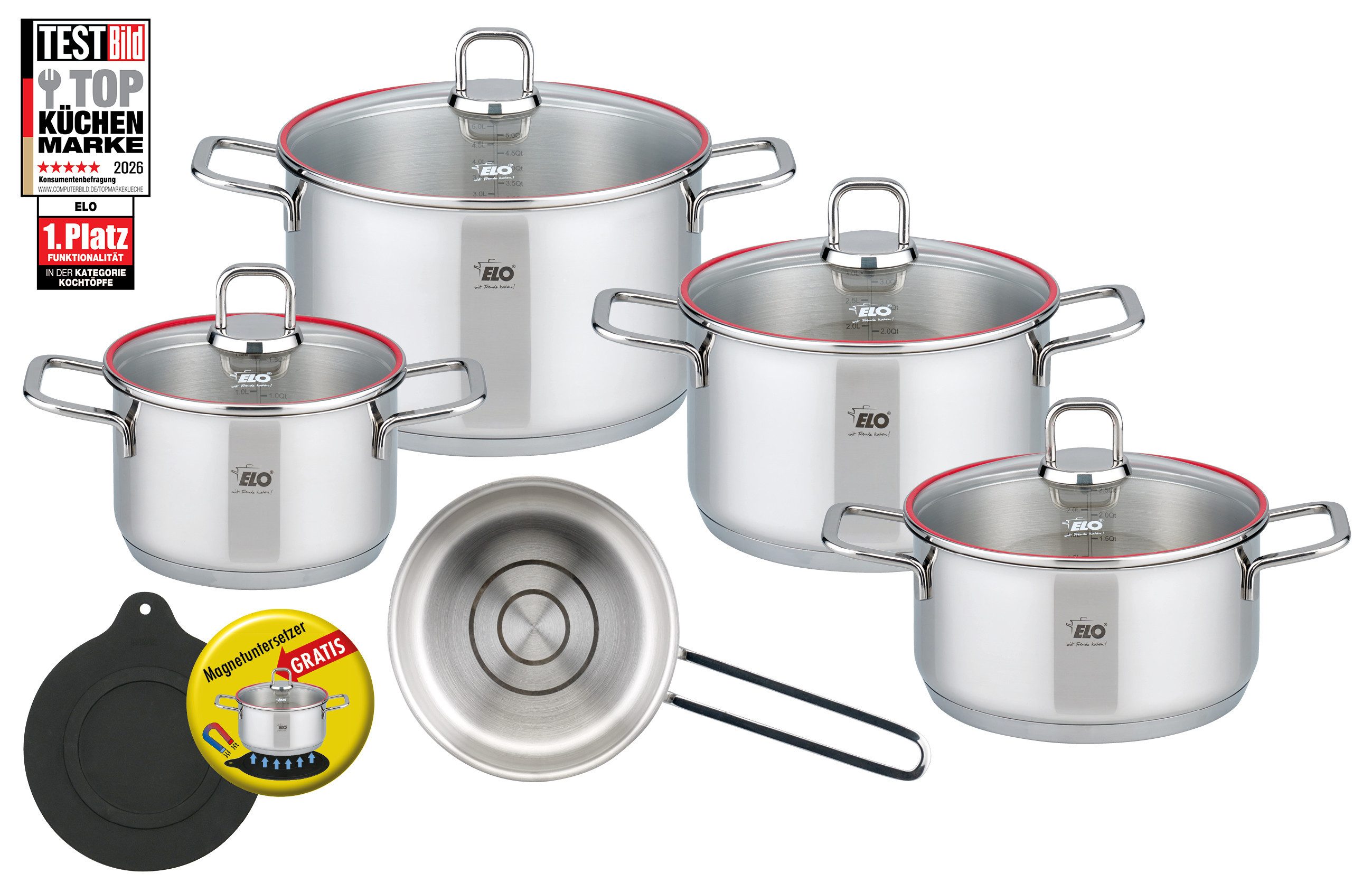 Elo Topf-Set Excellent, Edelstahl 18/10 (Set, 6-tlg., Bratentopf Ø 20 cm, je 1 Fleischtopf Ø 16/20/24 cm, Kasserolle Ø 16 cm), inkl. Untersetzer, mit Literskala, Induktion