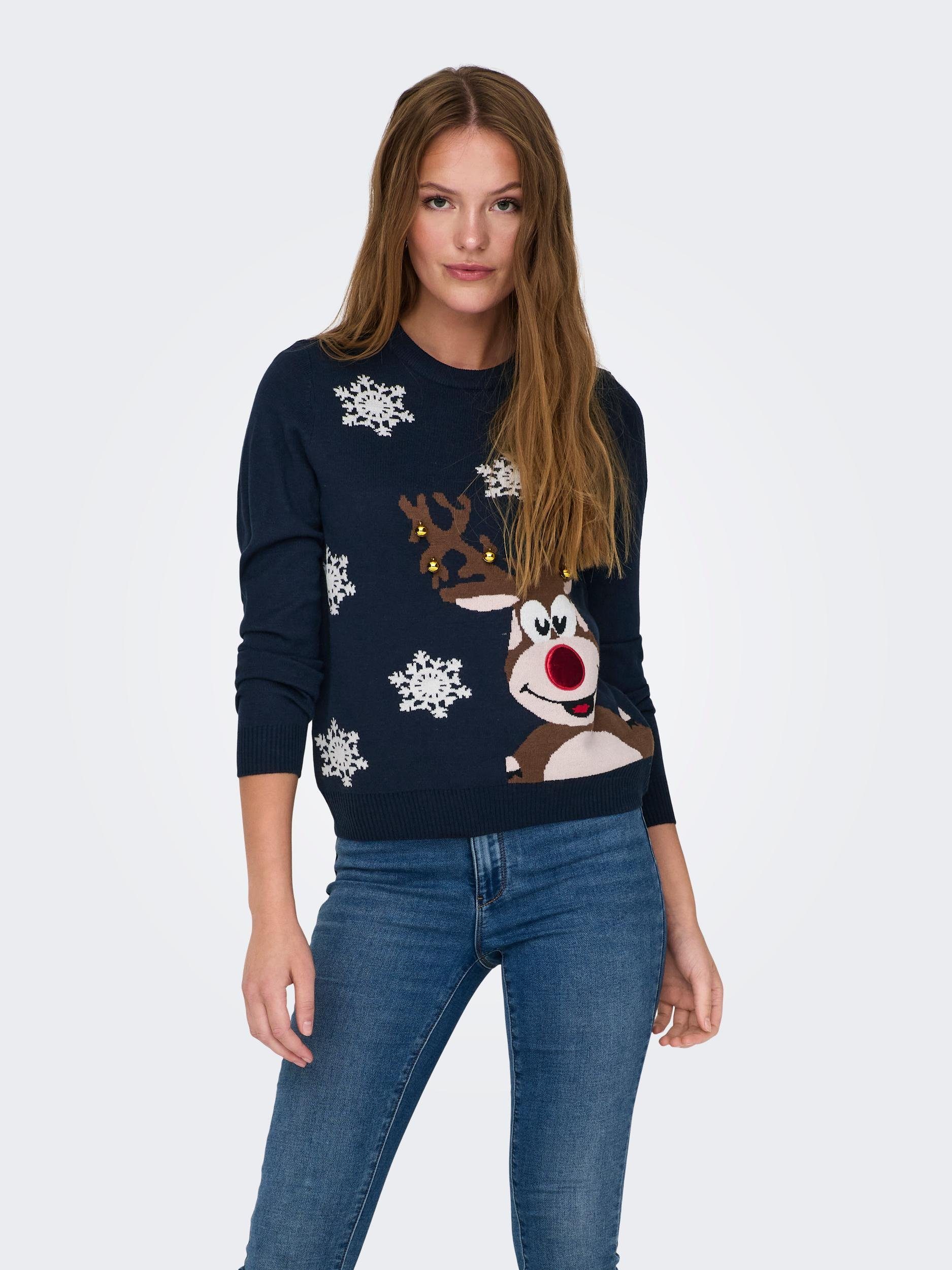 ONLY Strickpullover ONLXMAS BELL L/S PULLOVER EX KNT Night Sky Detail:W. DEER AND BELLS