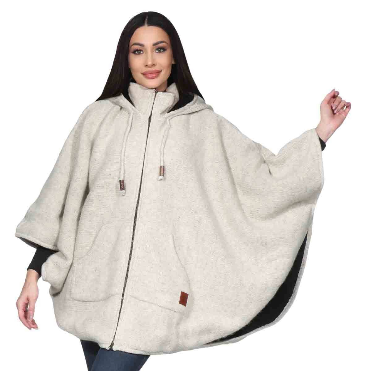 KUNST UND MAGIE Strickcape Damen Strickponcho Cape Mantel Wolle mit Zipfelkapuze & Fleecefutter