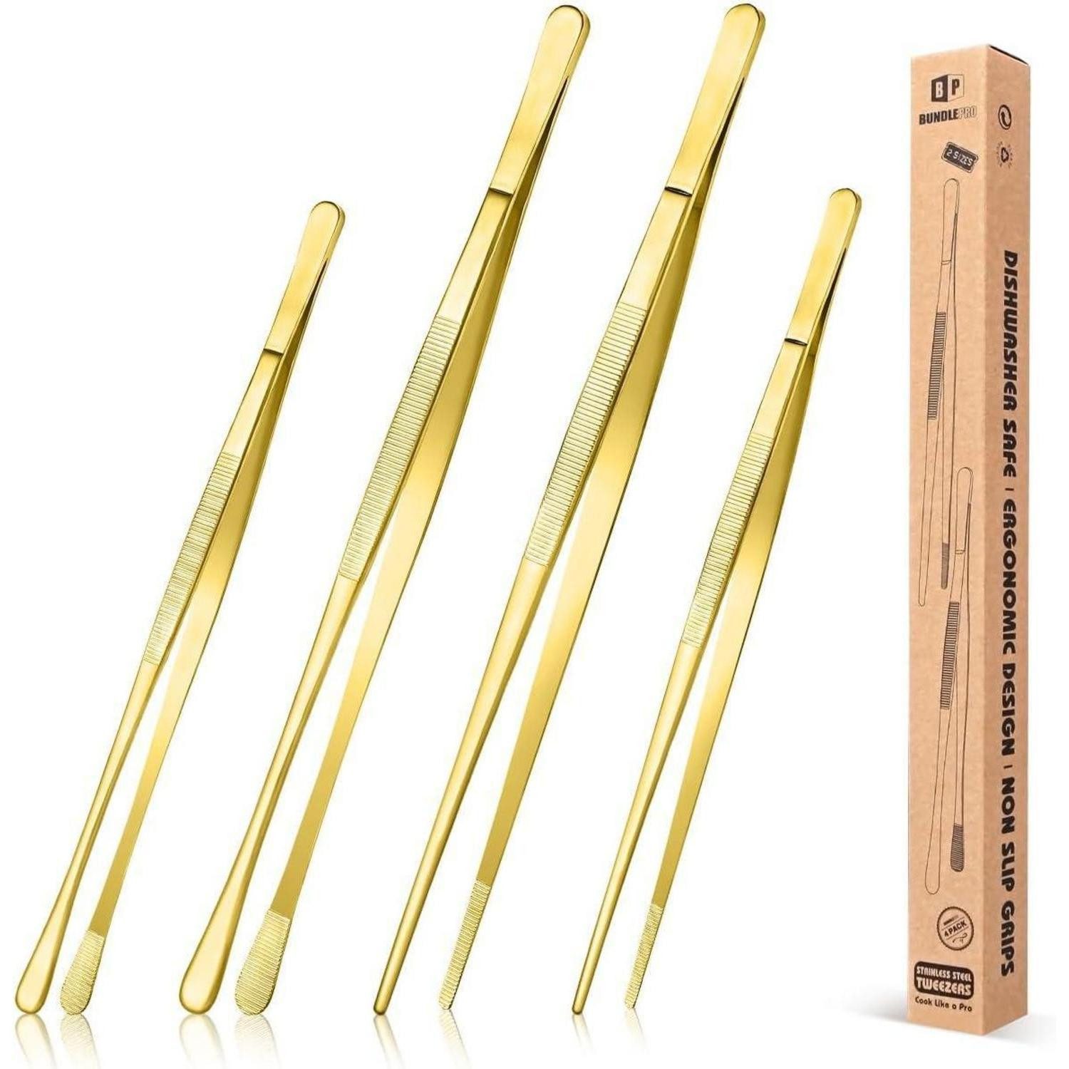 LuxusKollektion Kochpinzette Pinzetten Set 4 Stück Edelstahl goldene Küchenpinzette 12'' und