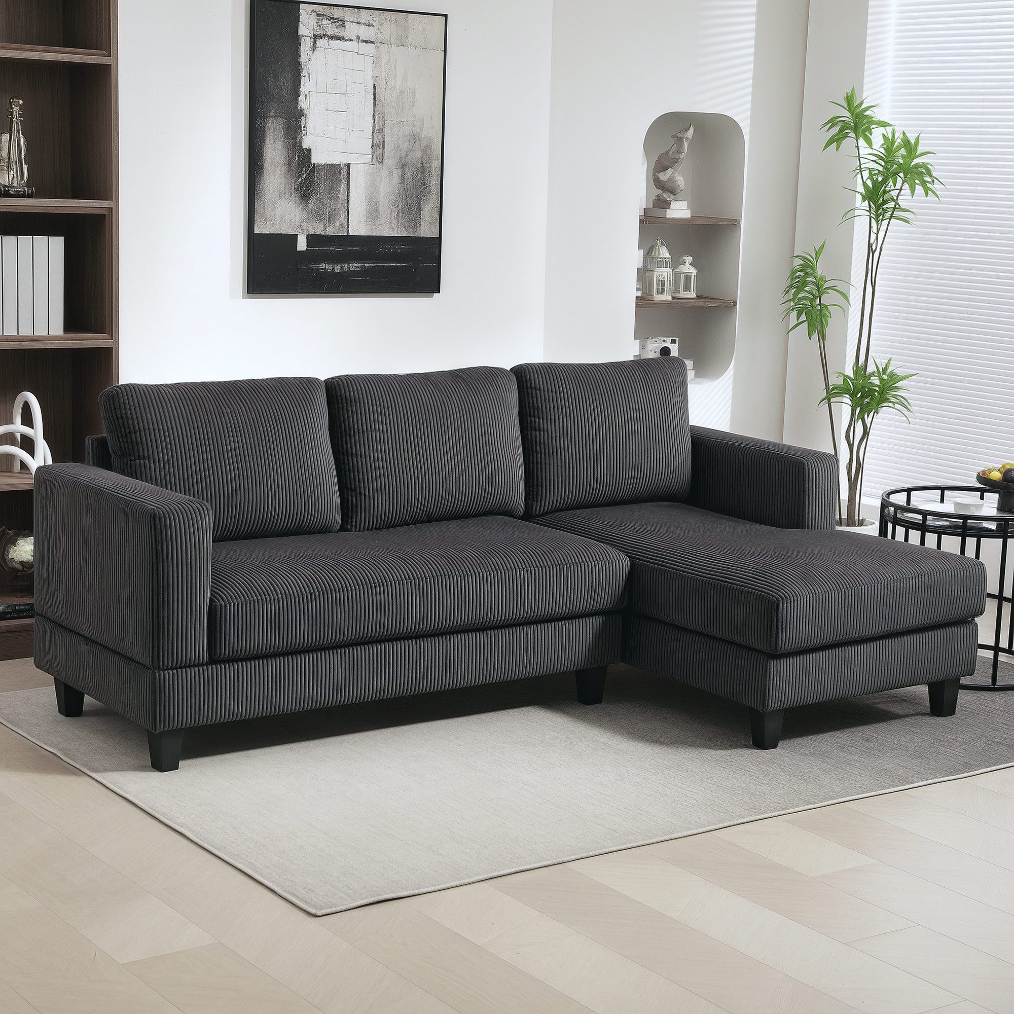 HOMCOM Ecksofa Chaiselongue 3-Sitzer Sofa, Cord-Optik, bis 400 kg 214x134x87 cm, L Form Couch 1 Teile, für Wohnzimmer, Schlafzimmer, 214 x 134 x 84 cm Dunkelgrau