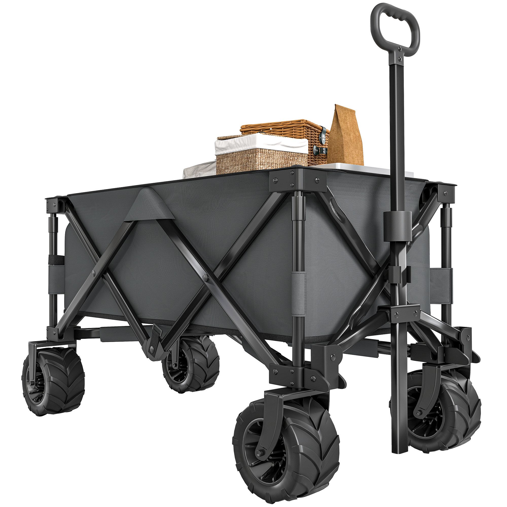 Outsunny Bollerwagen Faltbarer Handwagen, mit Teleskop Griff, bis 70 kg, belastbar (Transportwagen, 1-tlg., Gartenwagen), für Garten, Balkon, Dunkelgrau