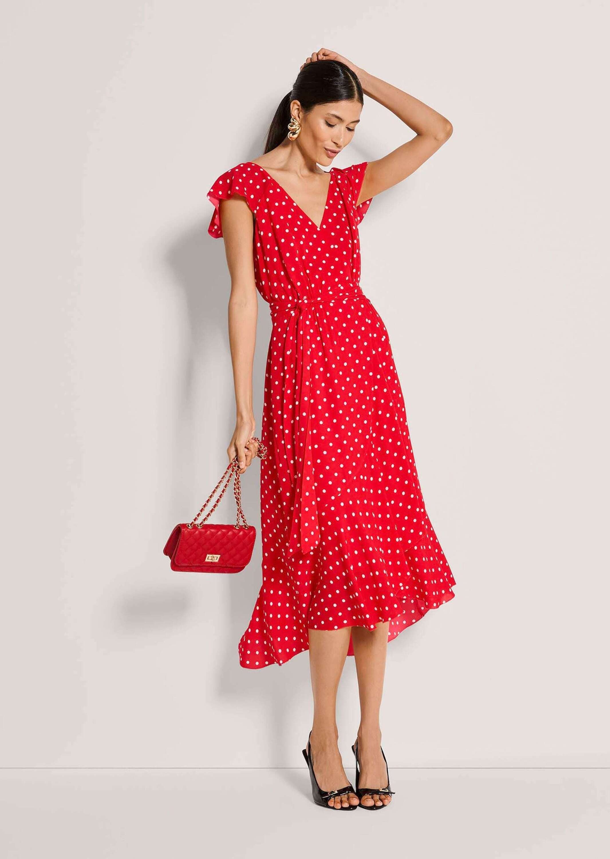 MADELEINE Maxikleid Midikleid mit Tupfenmuster Sommerkleid mit V-Ausschnitt, Reißverschluss, Wadenlänge und ohne Arm