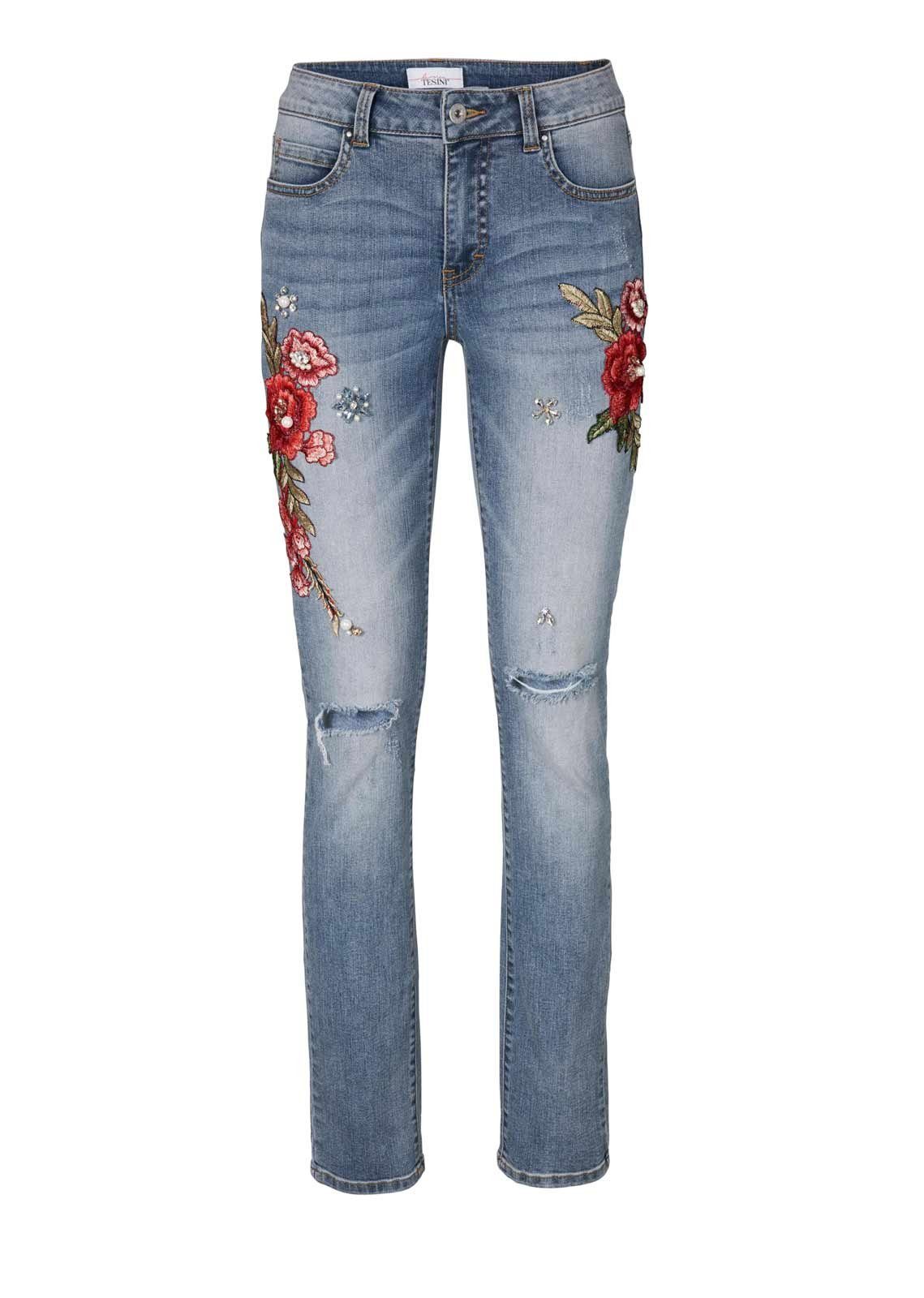 heine Röhrenjeans Linea Tesini Damen Designer-Jeans mit Stickerei, hellblau
