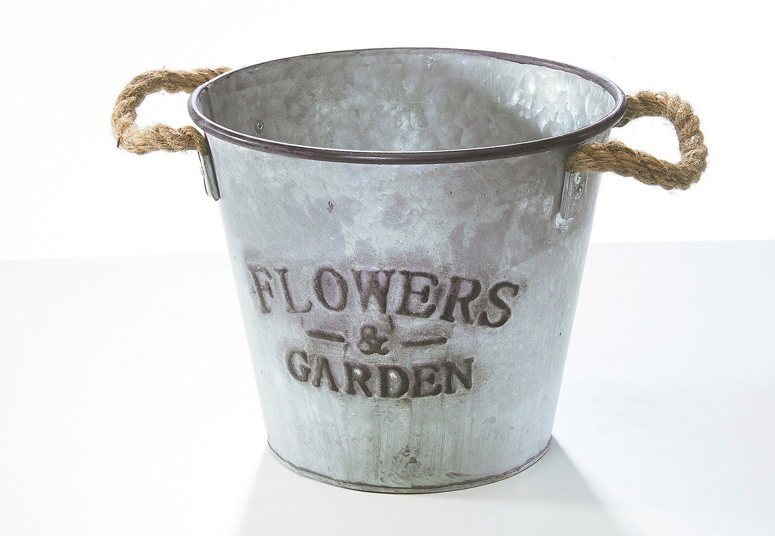 Kobolo Blumentopf Pflanzgefäß rund aus Metall Seilgriffe silber S/3