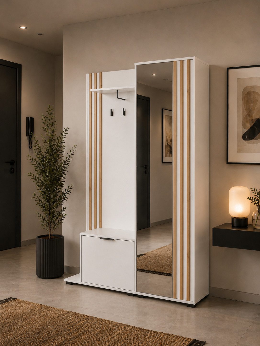 MOEBLO Kompaktgarderobe JOHN (Dielenschrank Wandschrank Regal Diele & Flur Kleiderschrank Schuhschrank, mit Spiegel Flurgarderobe Schrank Kompaktgarderobe), (BxHxT): 135x197x34cm