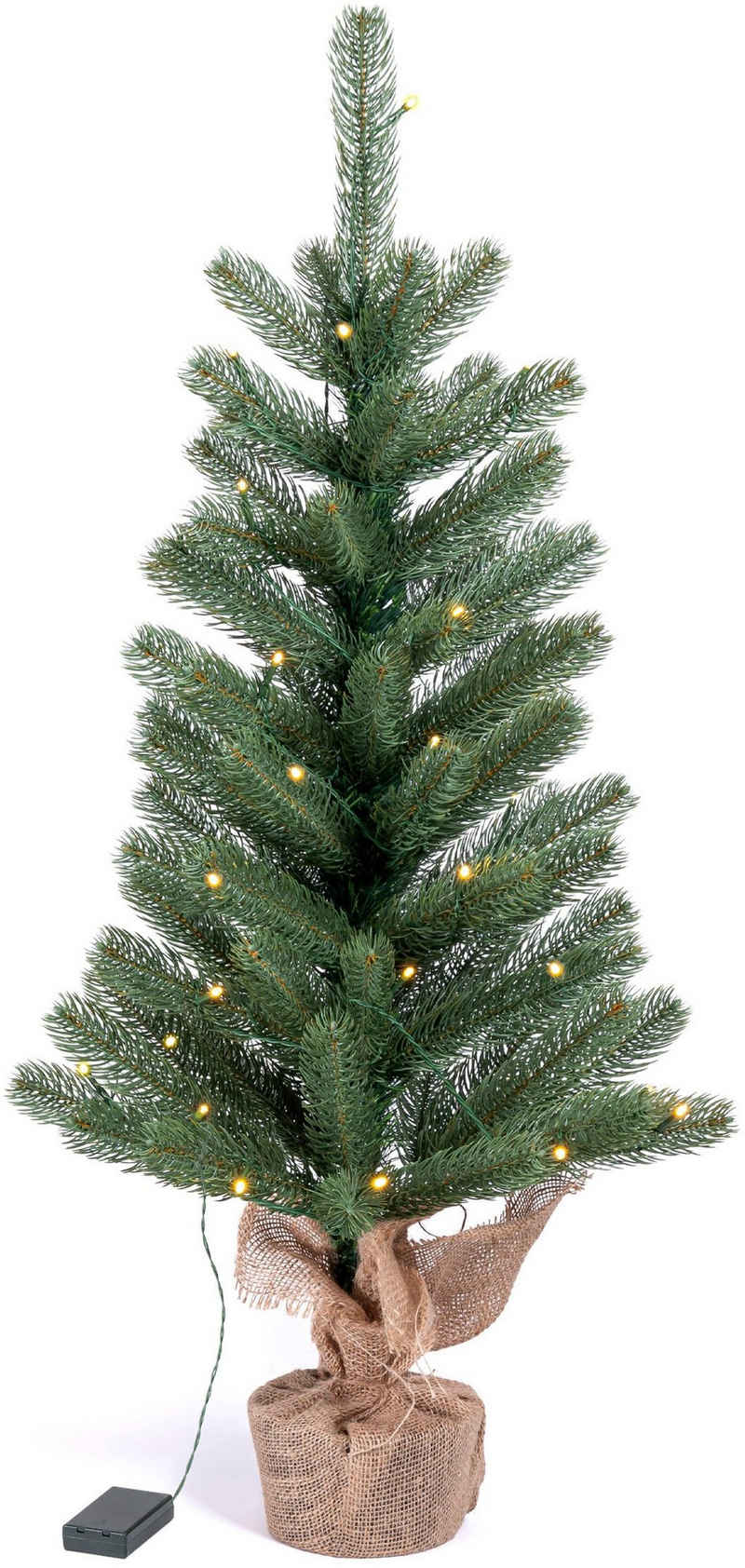 IC Winterworld Künstlicher Weihnachtsbaum LED-Tannenbaum, künstlicher Christbaum, Nordmanntanne, Weihnachtsdeko mit Jutebeutel um den Betonfuß, Batteriebetrieb