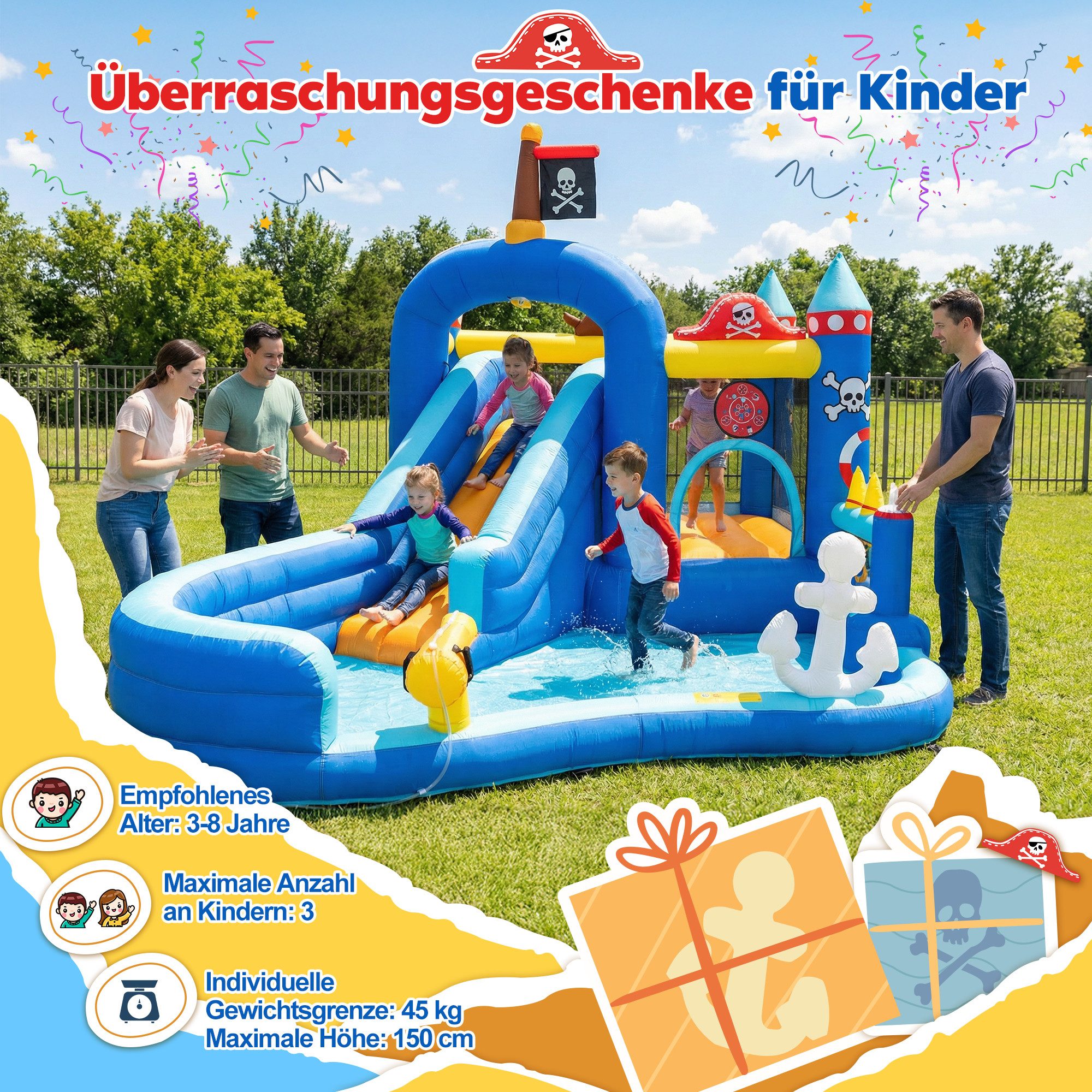 UEV Hüpfburg mit Gebläse Piraten-Thema Groß Aufblasbare Wasserpark Springburg, (444x348x260cm XXL für Kinder von 3-8 Jahre, mit Kletterwand Sicherheitsnetz Kindergeburtstag), für Indoor und Outdoor Wasserrutsche Springen